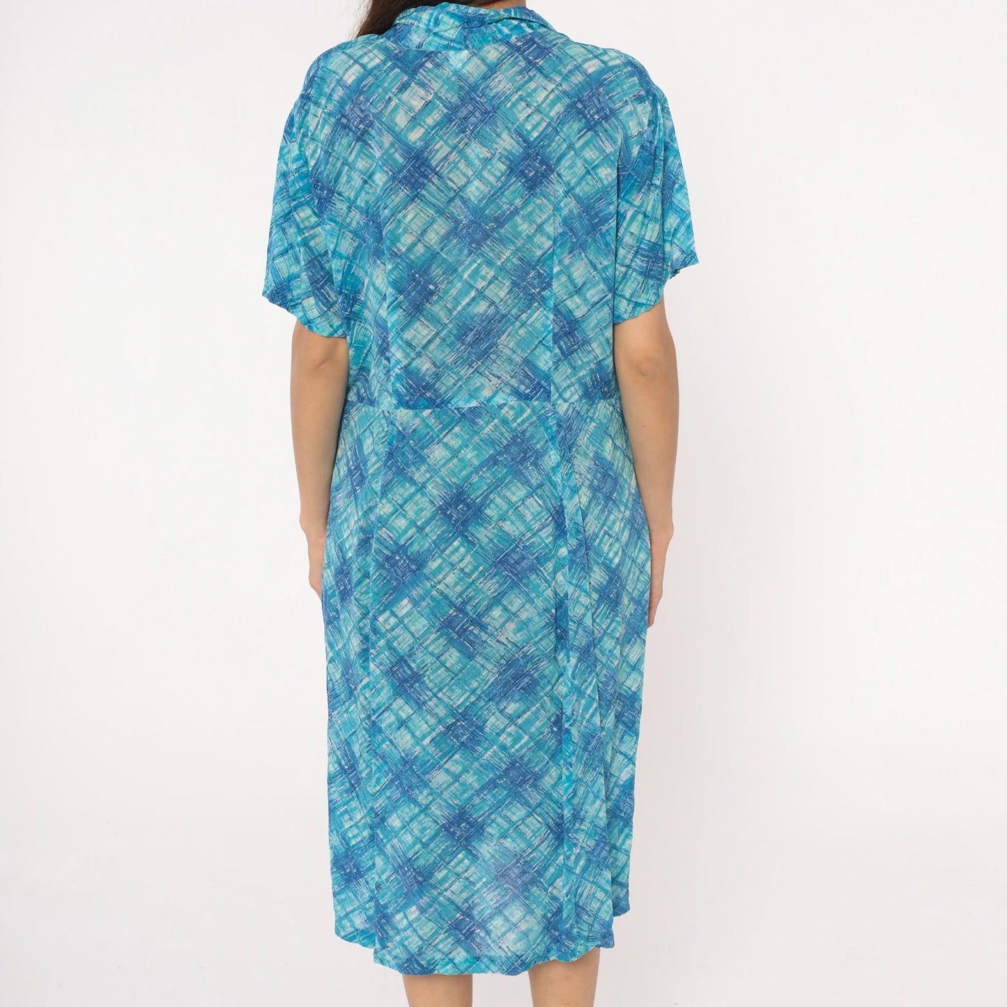60s Blue Crosshatch Plaid Button-Front Shirtdress Short Sleeve Cotton Large L