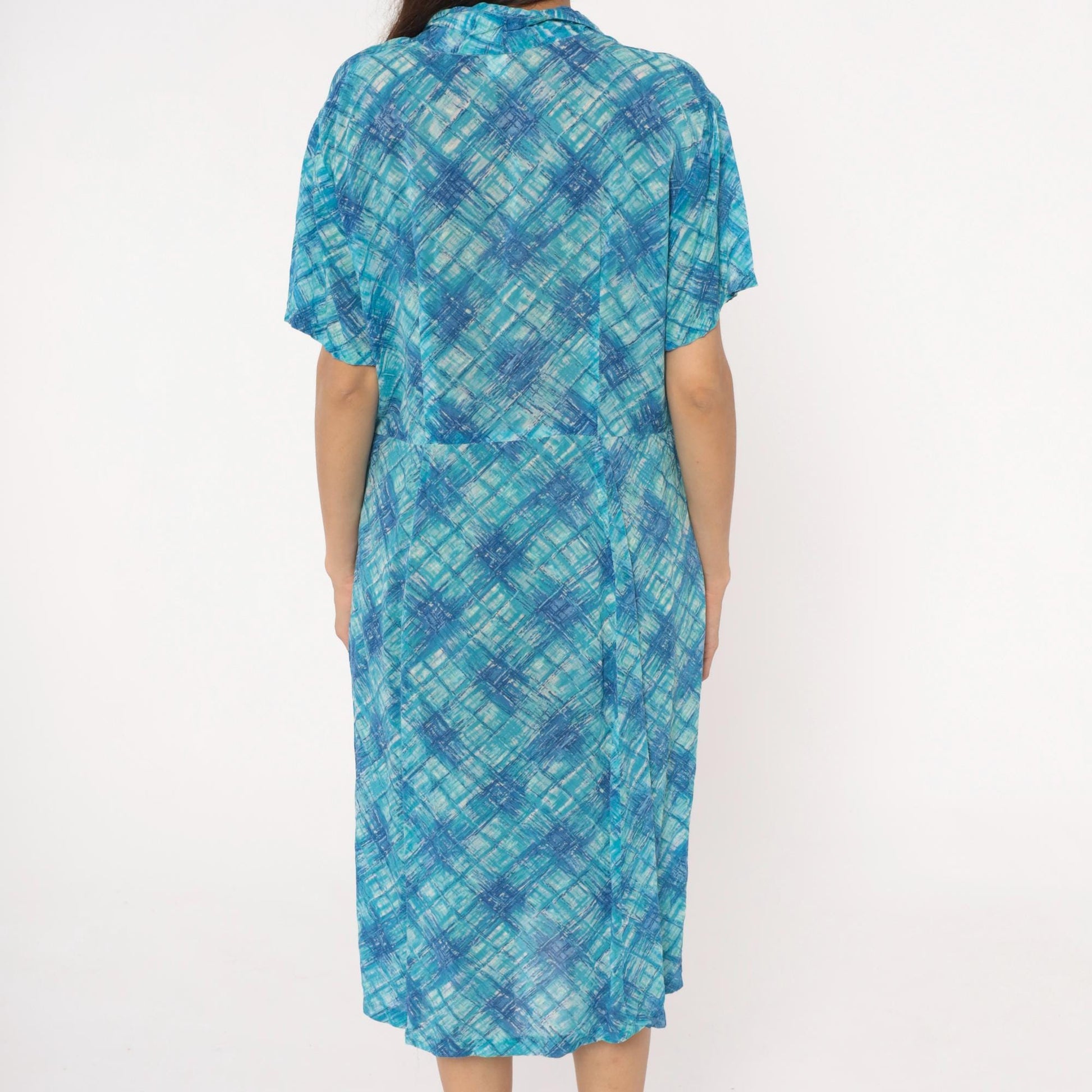 60s Blue Crosshatch Plaid Button-Front Shirtdress Short Sleeve Cotton Large L