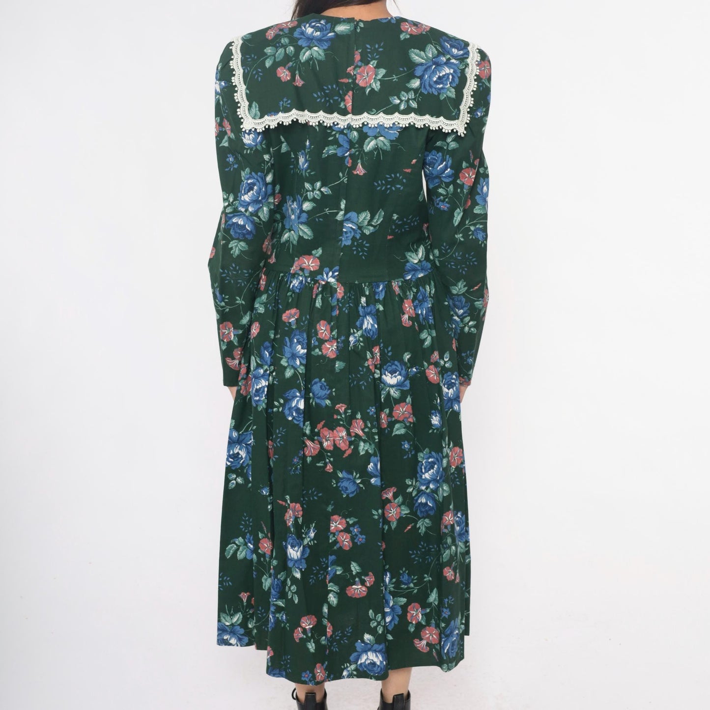 80s Jessica McClintock Gunne Sax Forest Green Floral Midi Dress Crochet Lace Medium M