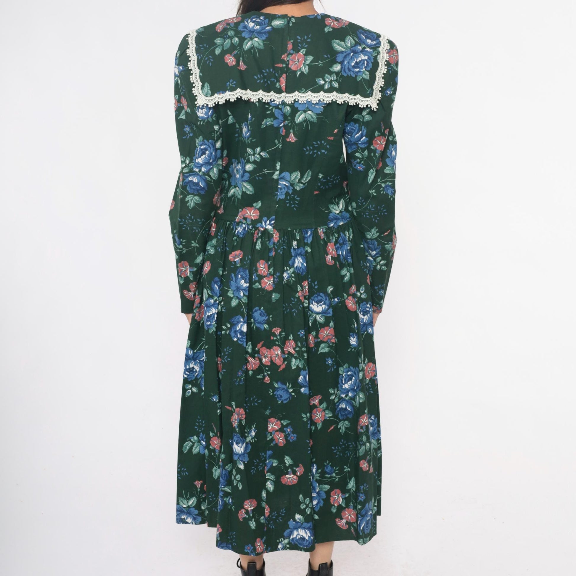80s Jessica McClintock Gunne Sax Forest Green Floral Midi Dress Crochet Lace Medium M
