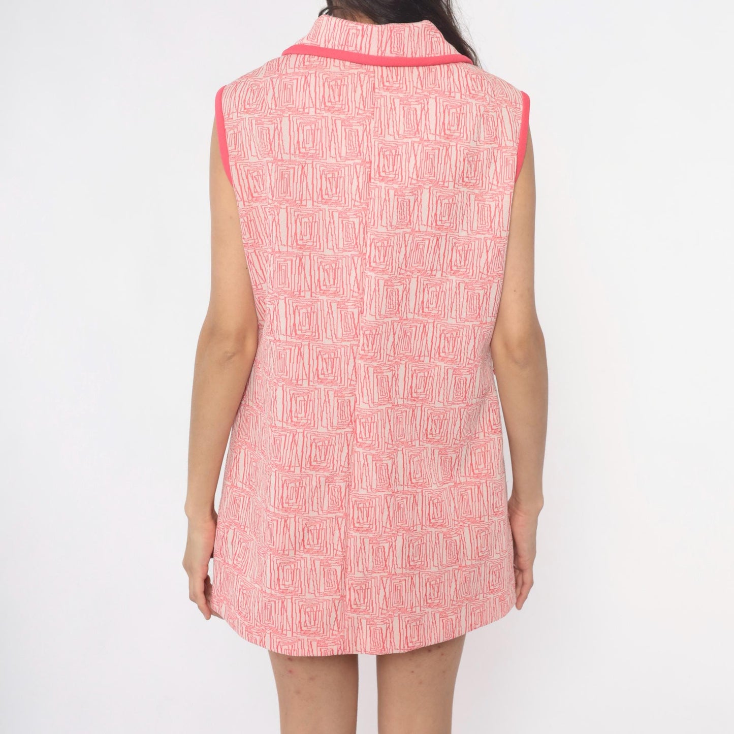 60s Pink Mod Mini Dress White Geometric Collared Zip Front Medium