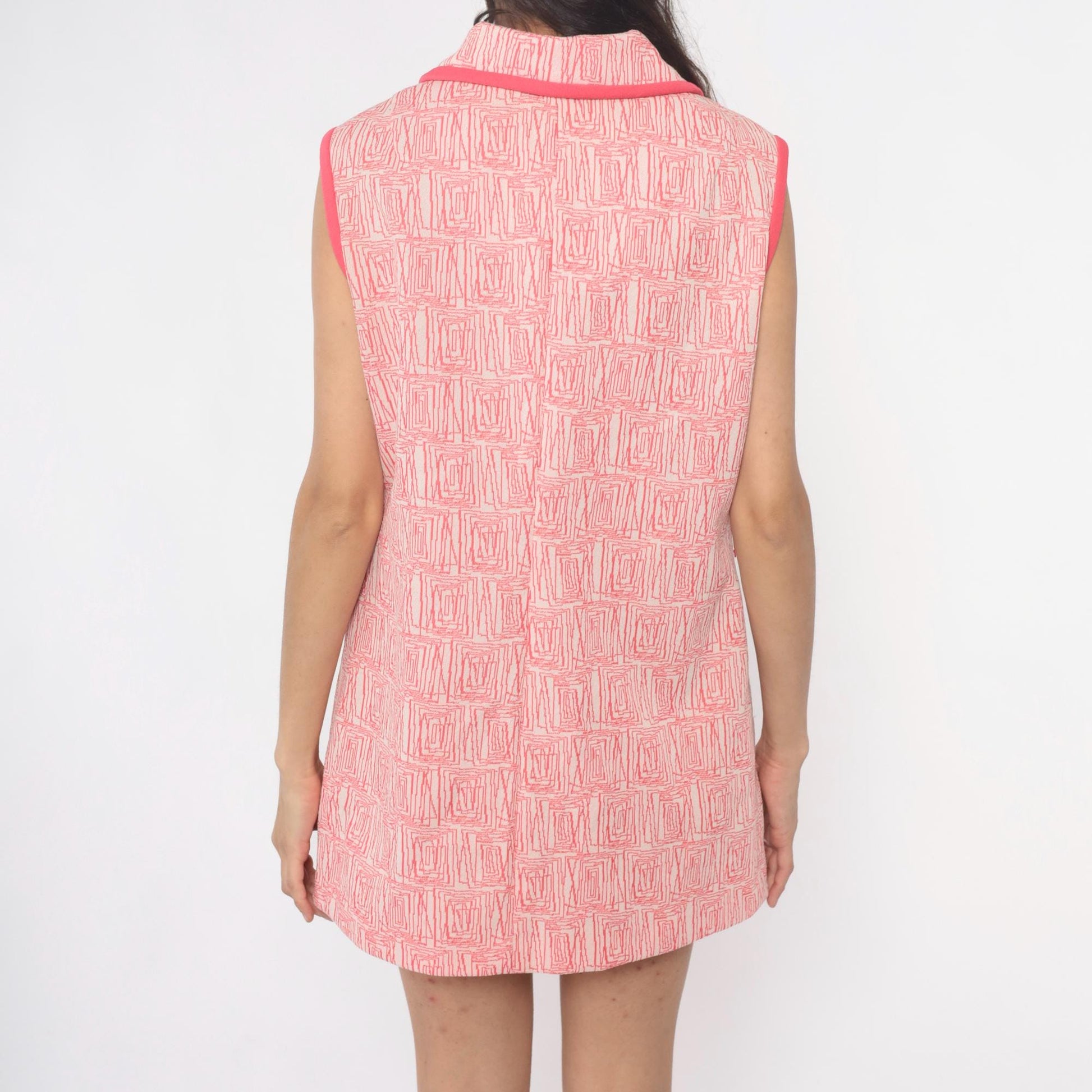 60s Pink Mod Mini Dress White Geometric Collared Zip Front Medium