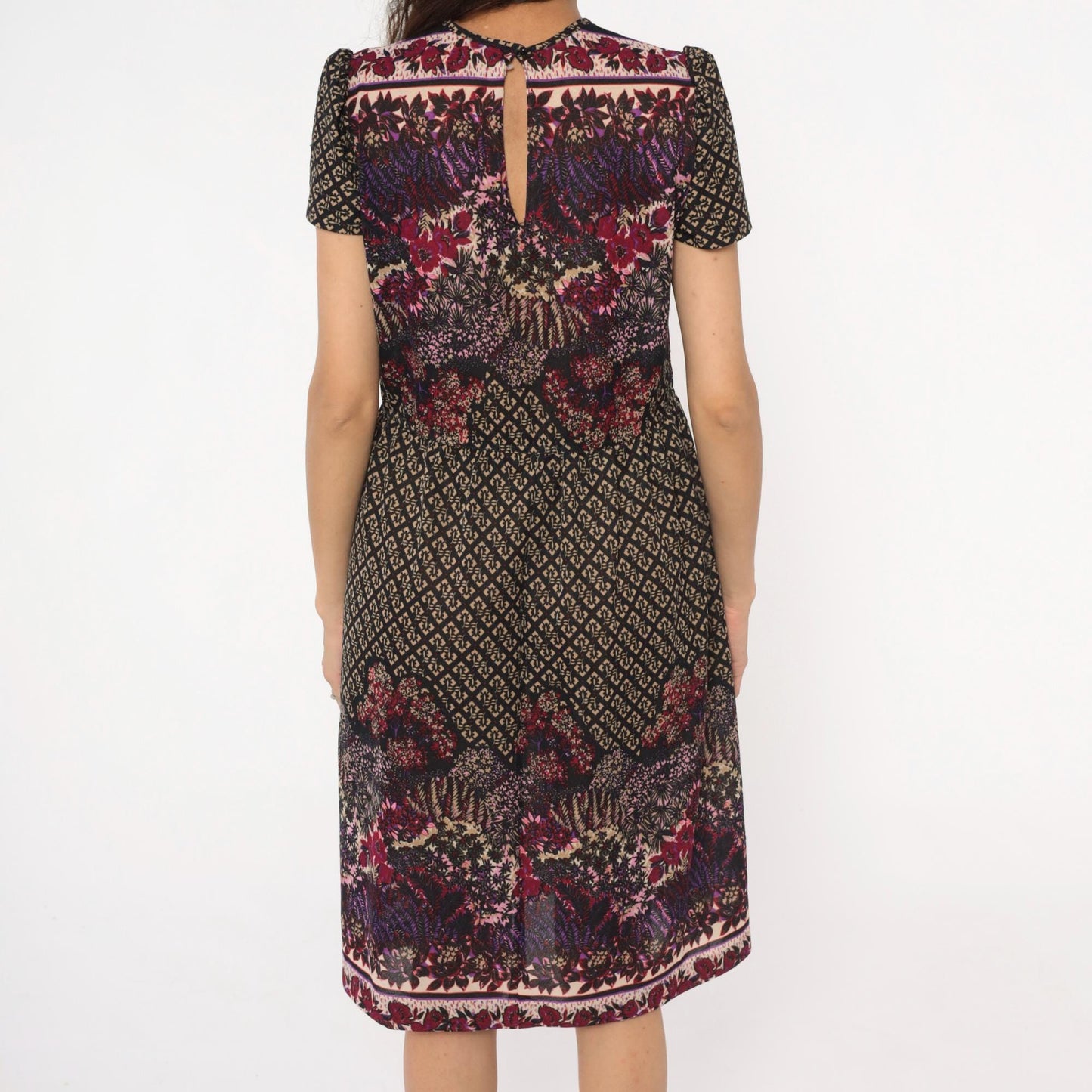 80s Mixed Print Shift Dress Keyhole Back Burgundy Purple Pink Black Medium