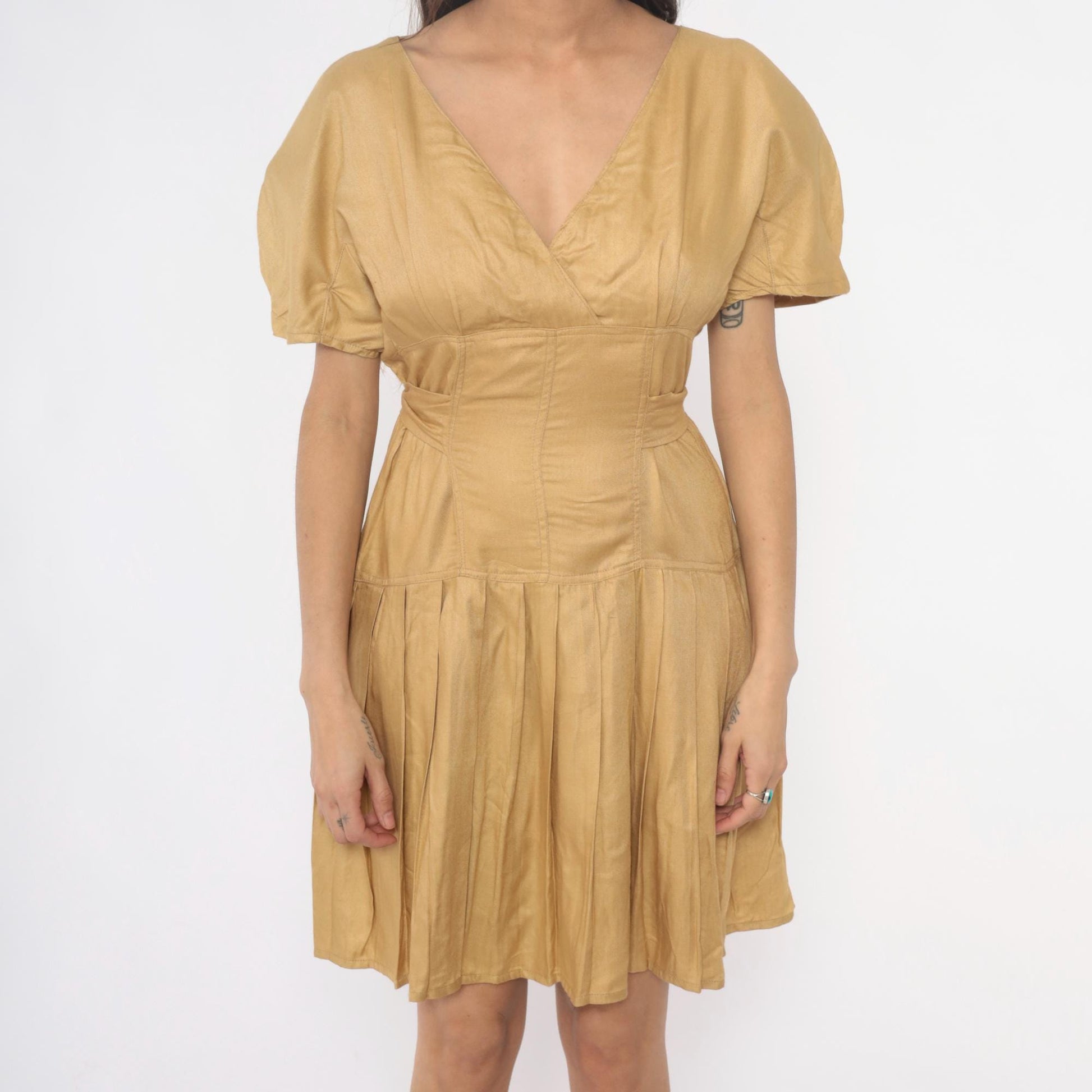 80s Golden Yellow Sundress Puff Sleeve V-Neck Tie Waist Pleated Small S