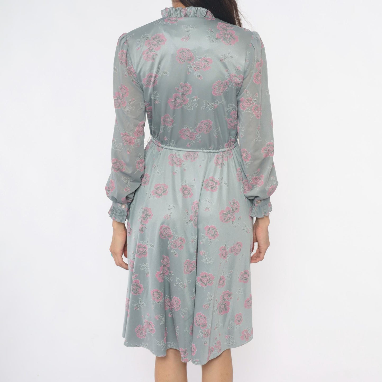 70s Floral Dress Silver Pink Long Sleeve Ruffle V-Neck Pleated Midi Small