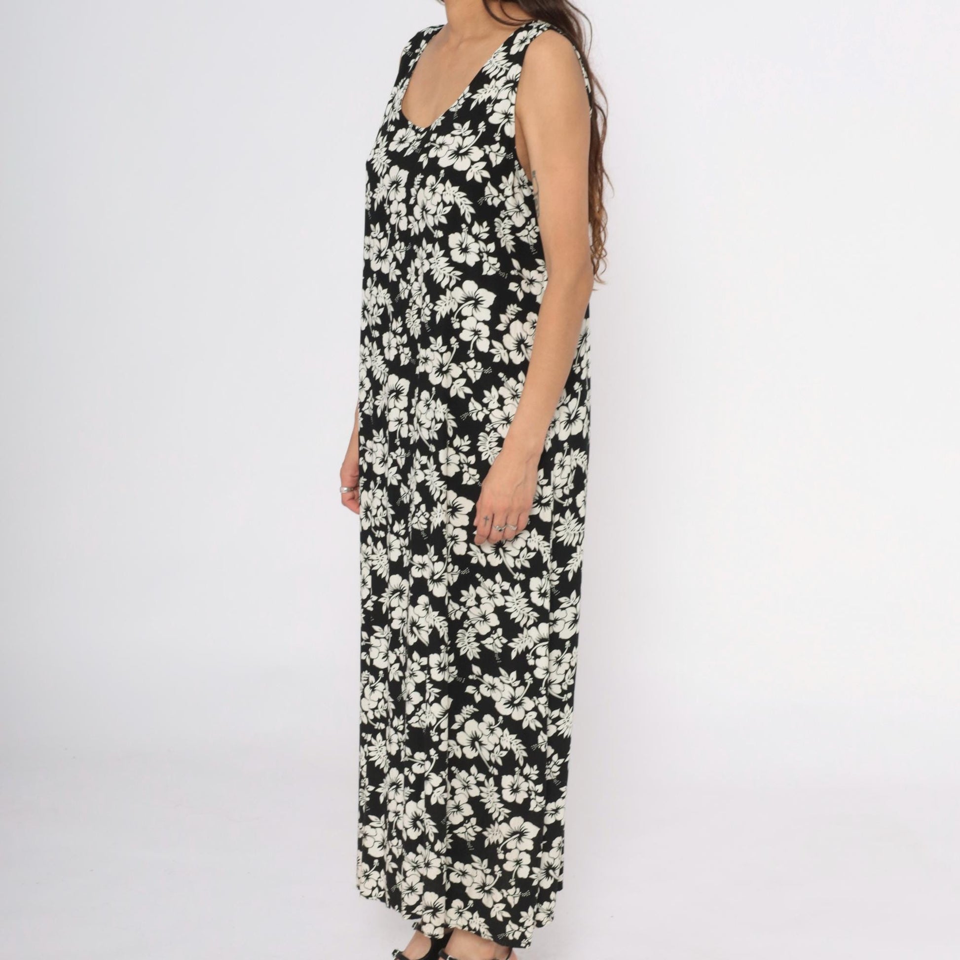 Y2K Josephine Chaus Black Maxi Dress Hibiscus Floral Print Large L
