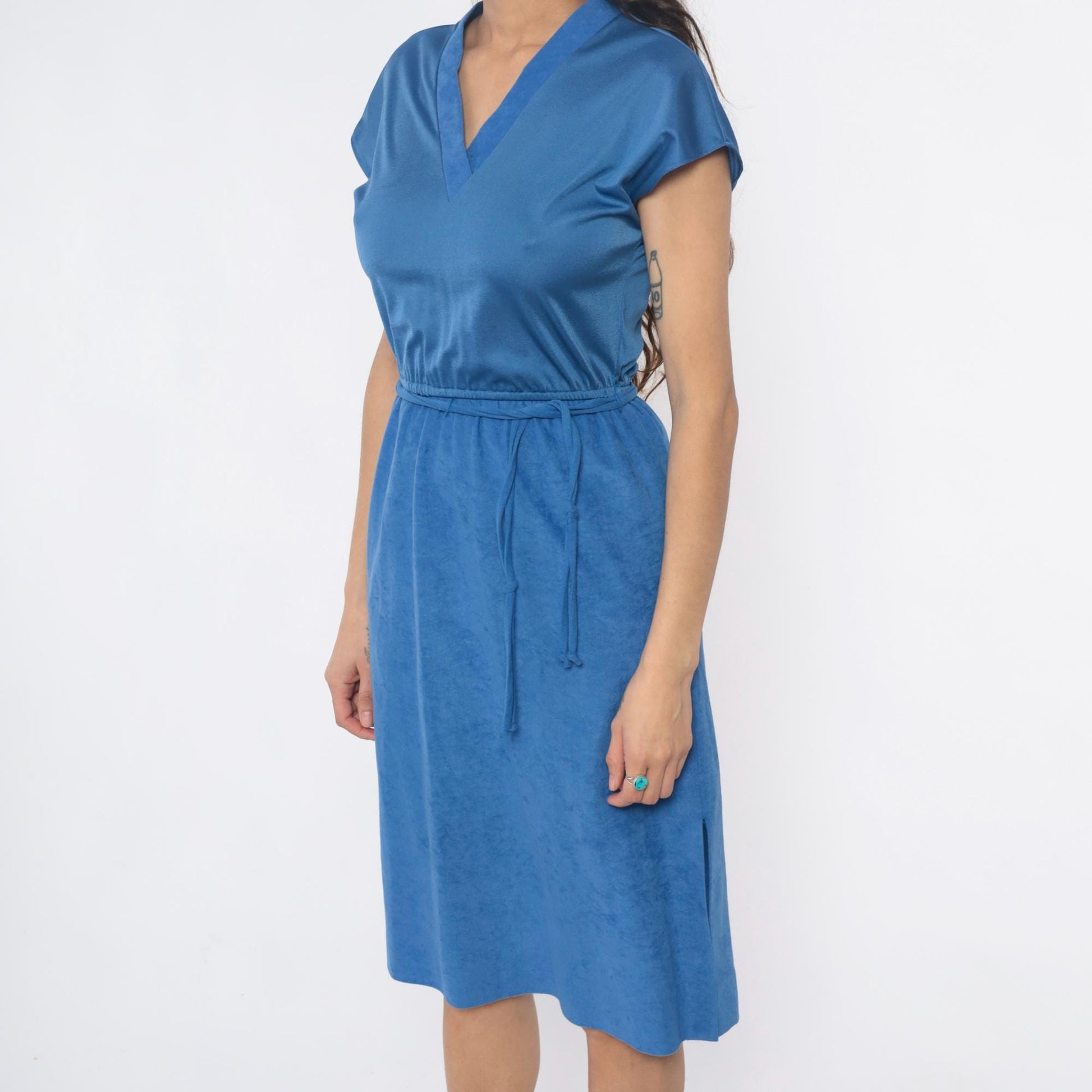 80s Gail Gray Periwinkle Midi Wrap Dress V-Neck Belted Small