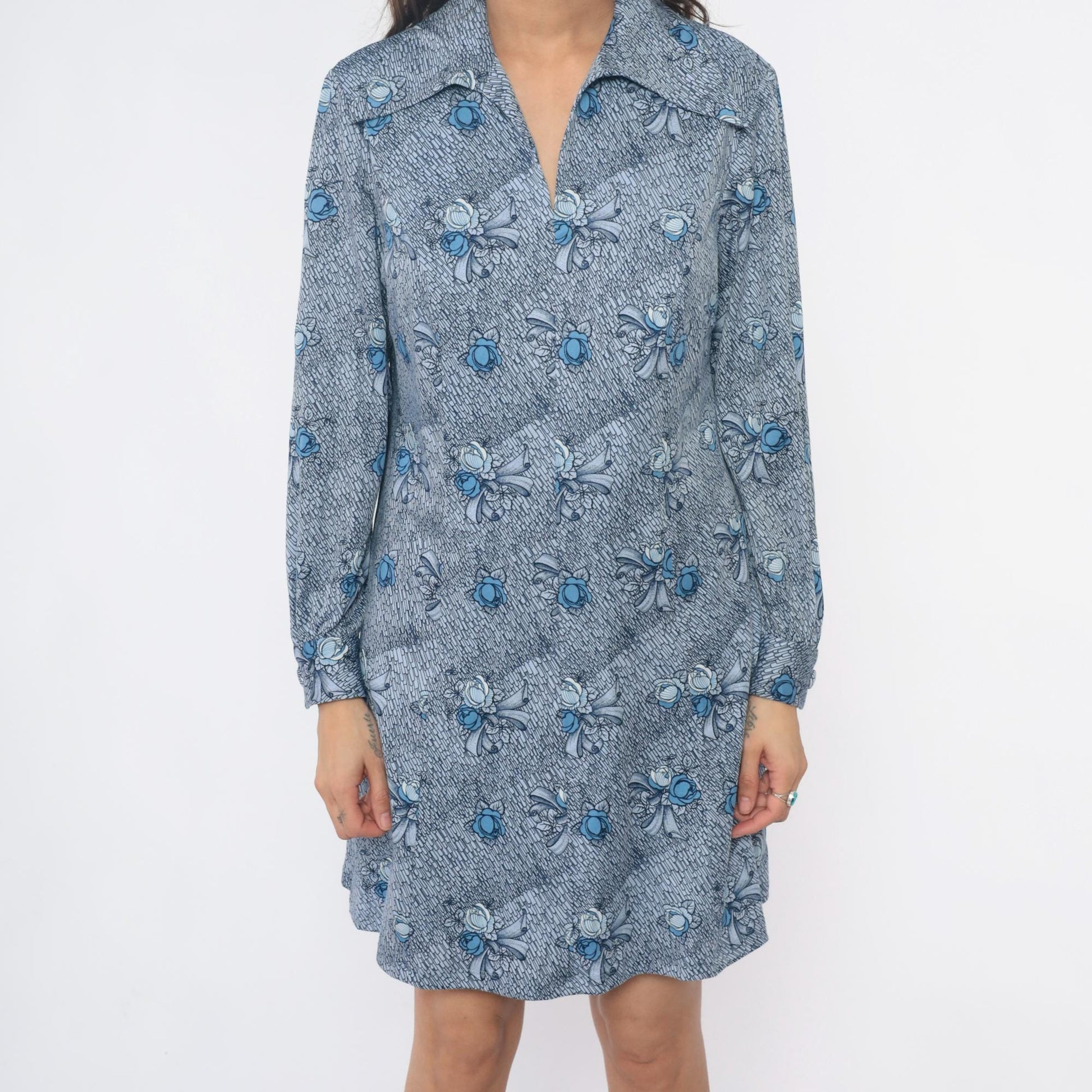 70s Blue-Gray Floral Bow Shirt Dress Pointed Collar Knee-Length Large