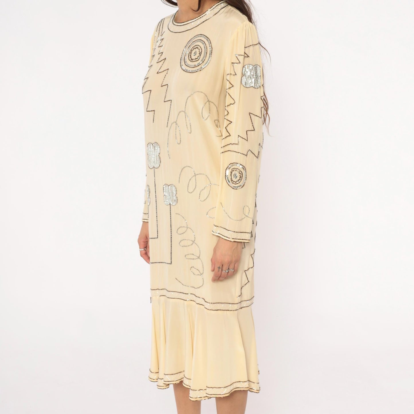 90s Argenti Silk Beaded Midi Dress Cream Drop Waist Geometric Embroidered Medium M