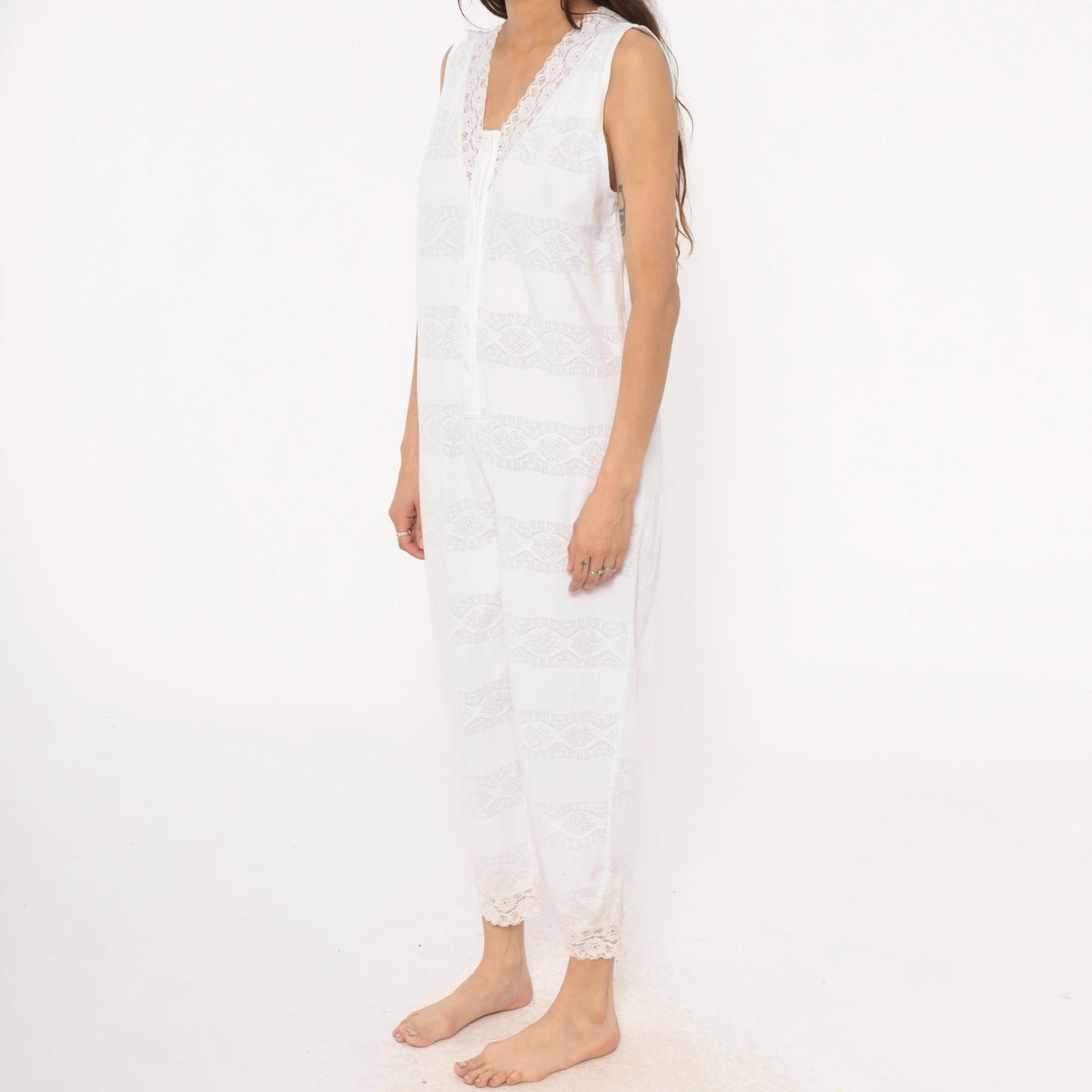 90s Candies White Lace Sleeveless Jumpsuit Cropped Ankle Cotton Medium M