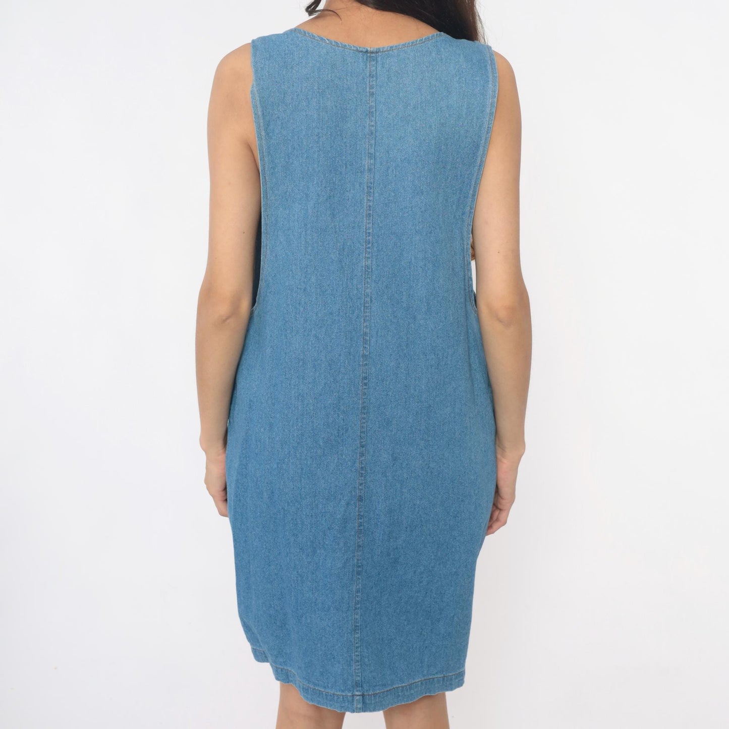 90s Fads Light Blue Denim Dress Sleeveless Side Button Shift Large L