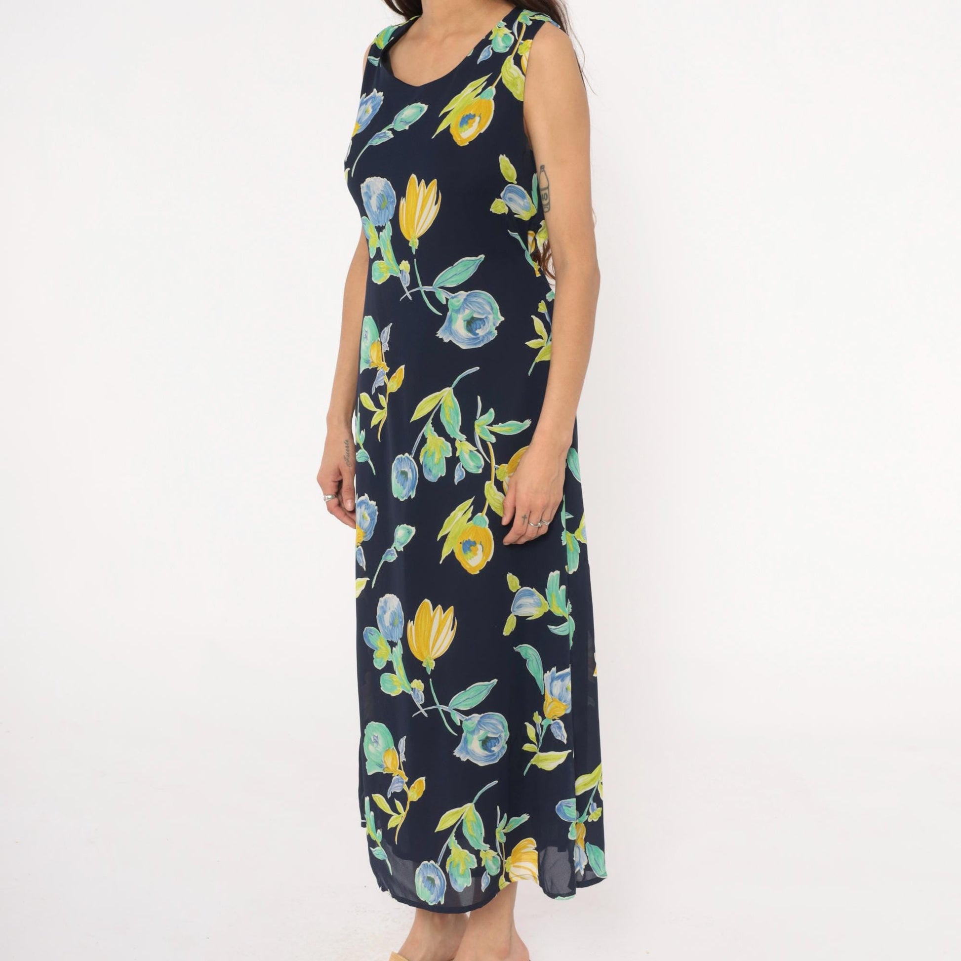 90s Bentley Floral Maxi Dress Navy Blue Yellow Green Scoop Neck Large L