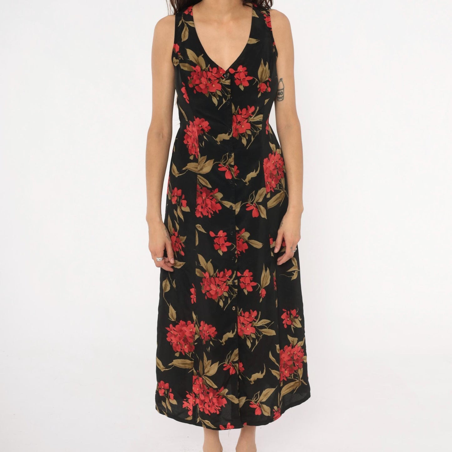 90s Expressions Floral Maxi Dress Black Red Coral Sleeveless V-Neck Medium