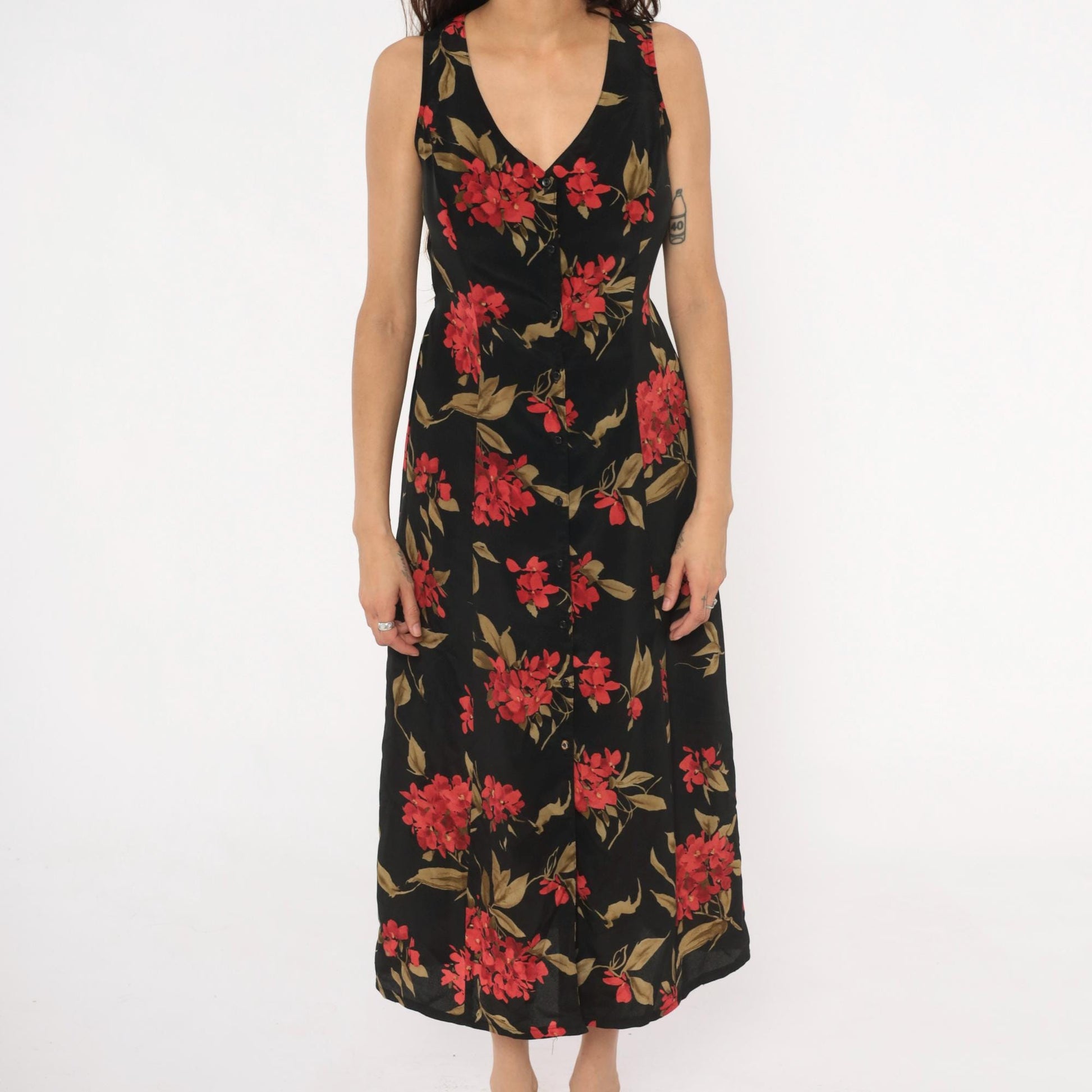 90s Expressions Floral Maxi Dress Black Red Coral Sleeveless V-Neck Medium