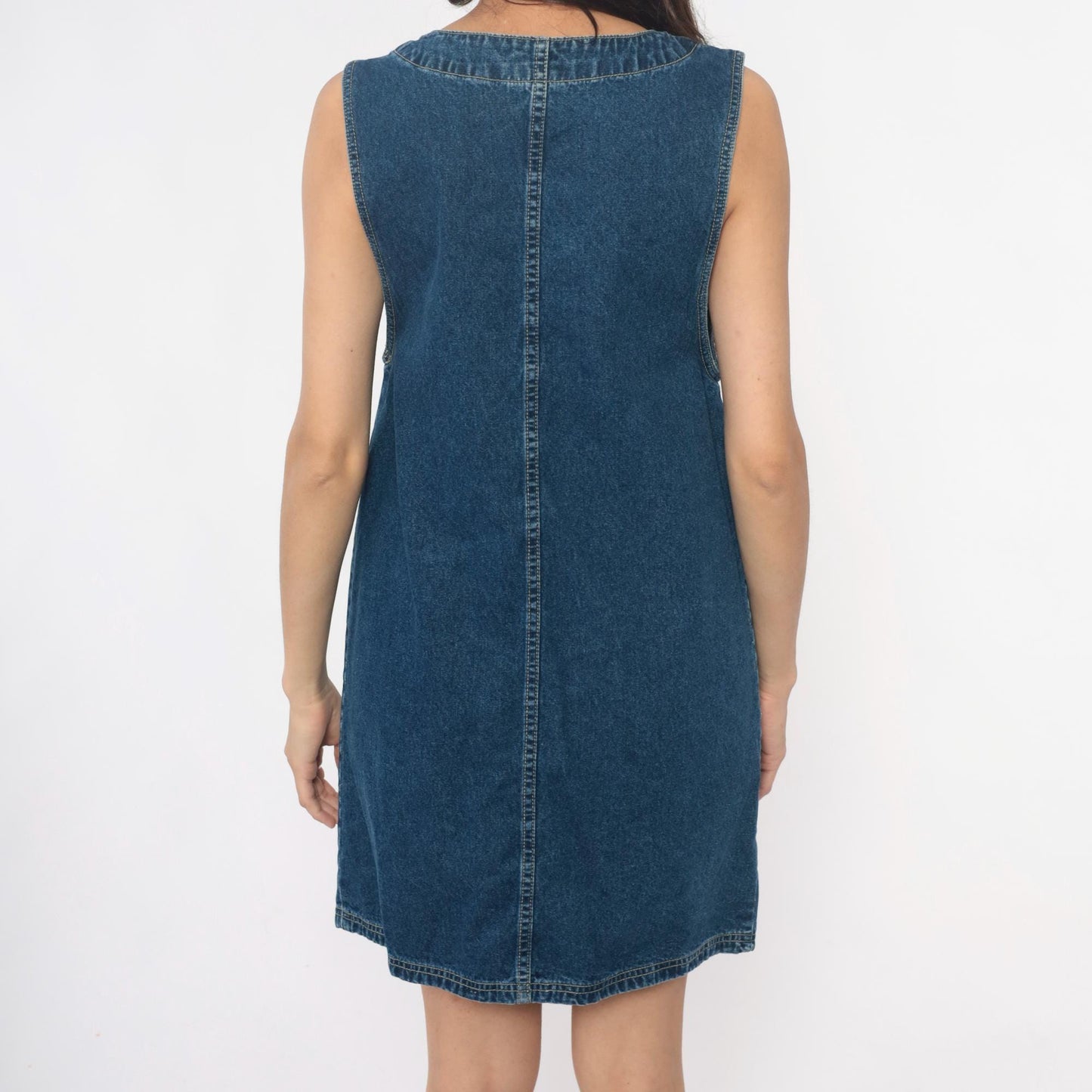 90s JL NY Sport Denim Mini Dress Floral Embroidery Blue Small