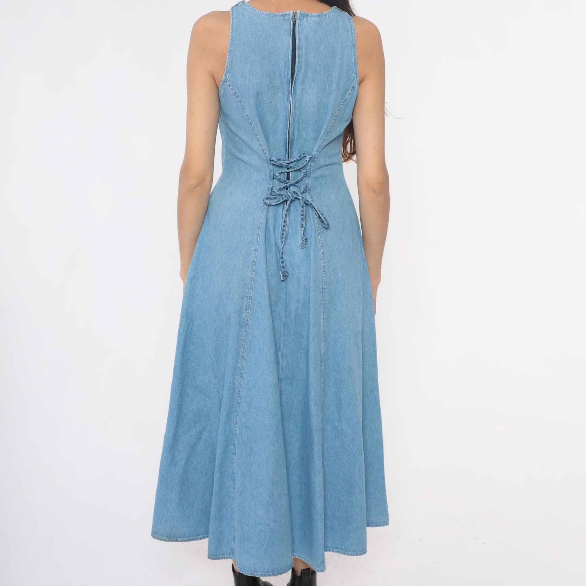 90s Jody California Denim Maxi Dress Light Blue Crochet Lace-Up Racerback Small