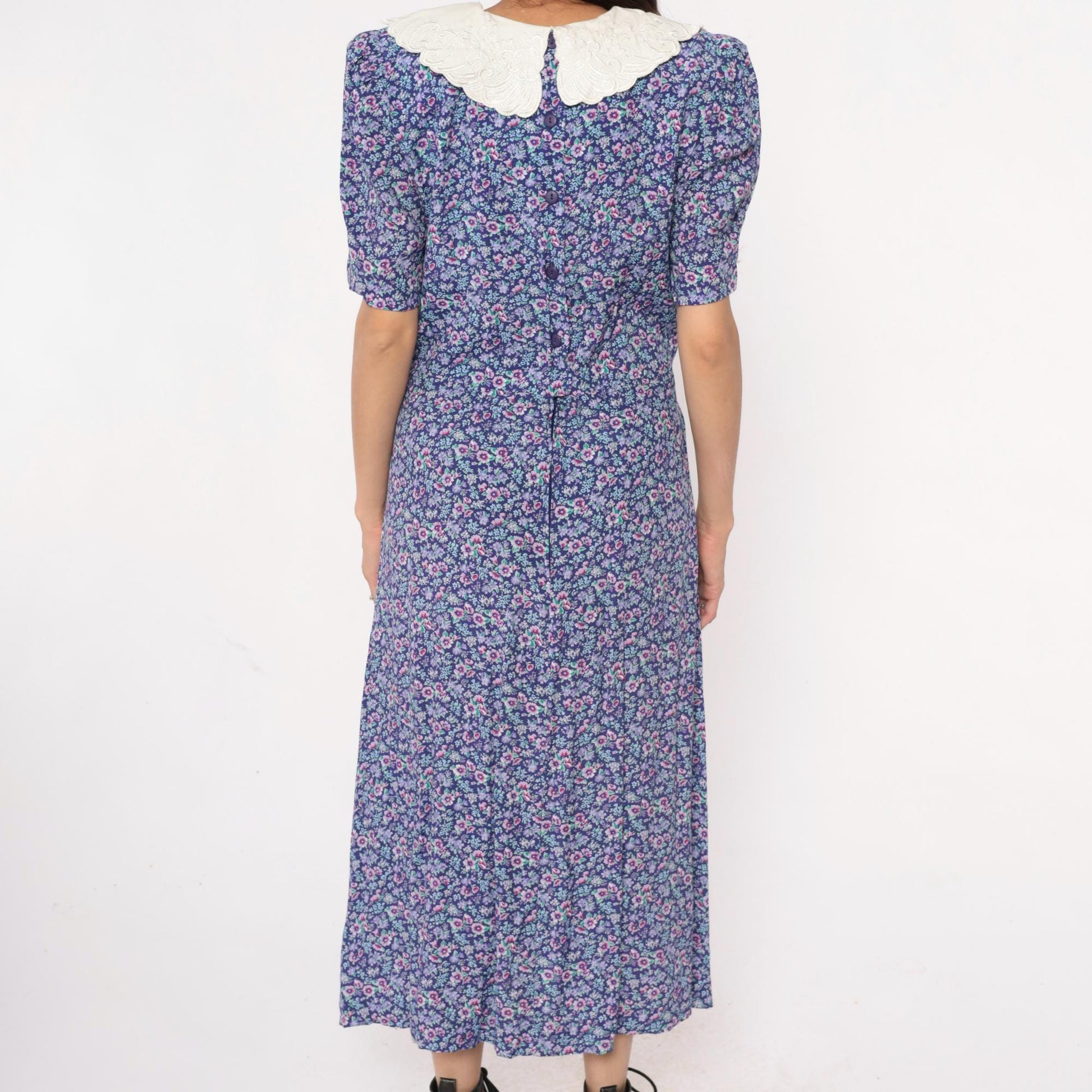 90s Karin Stevens Floral Maxi Dress Peter Pan Collar Purple Medium