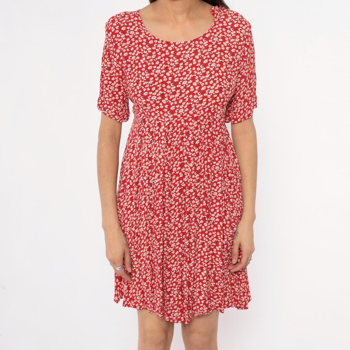 90s Red Daisy Mini Dress Rayon A-Line Scoop Neck Short Sleeve Medium M