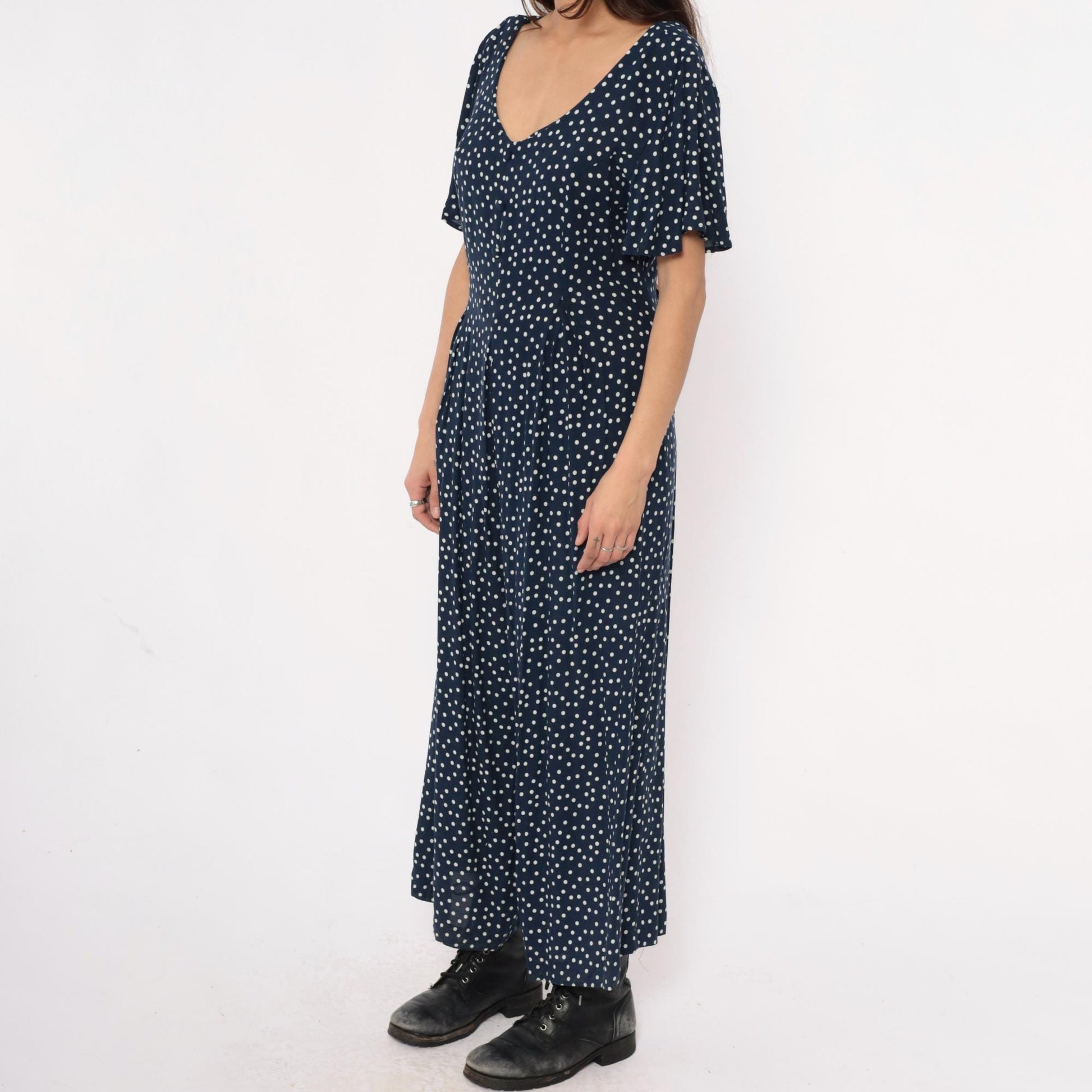 90s Navy Polka Dot Jumpsuit Wide Leg Rayon V-Neck Flutter Sleeve Large L