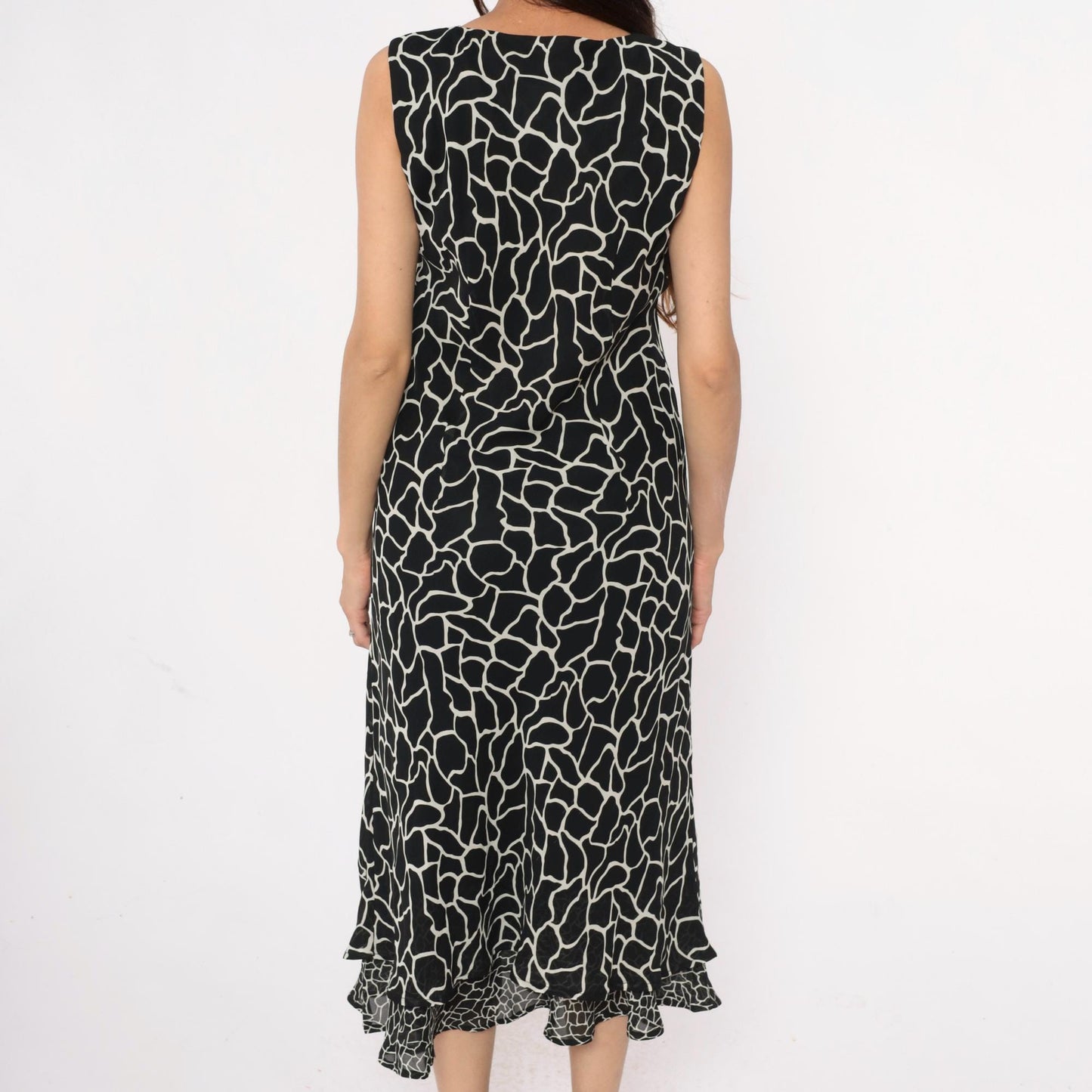 90s Jessica Howard Giraffe Print Maxi Dress Black White Sleeveless Medium