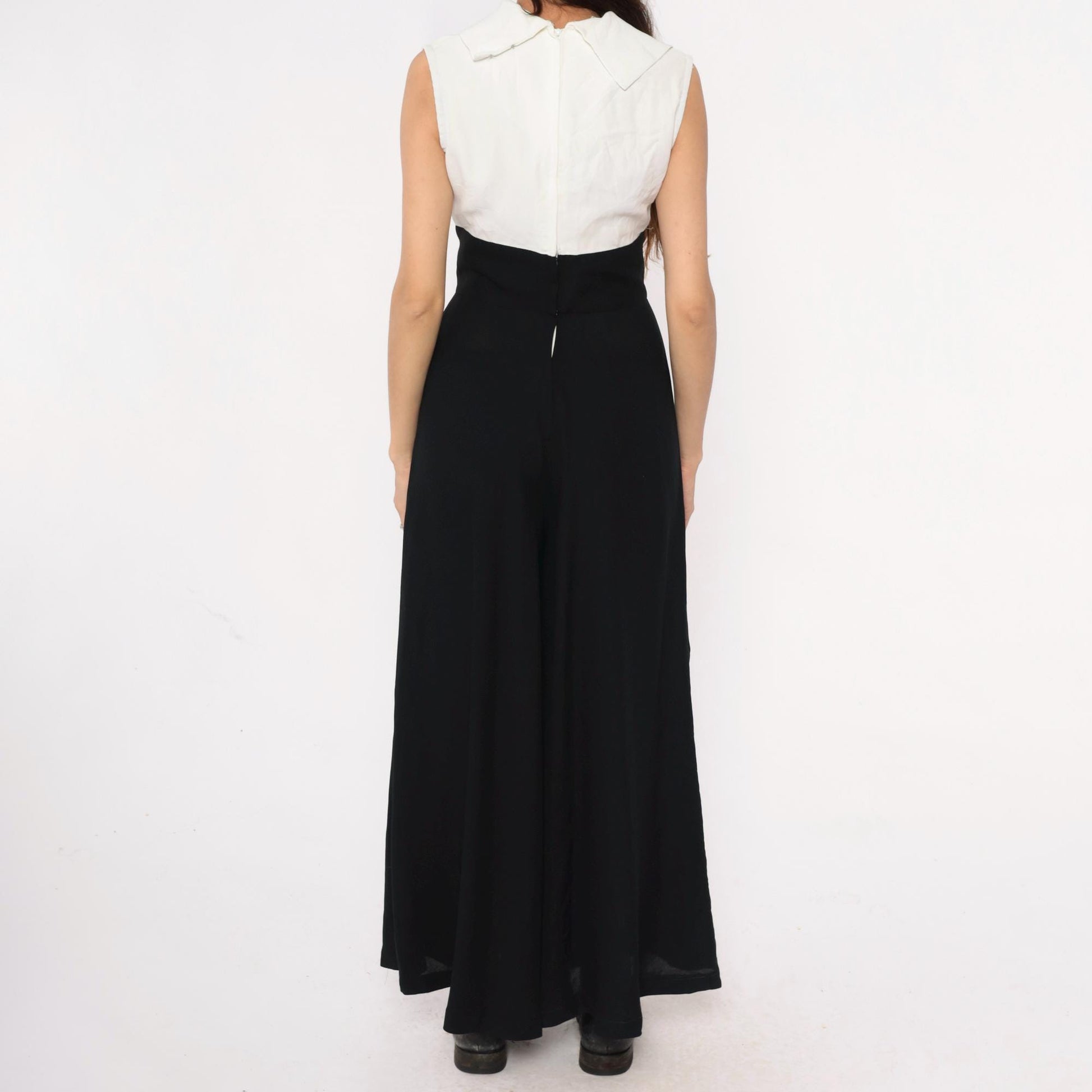 90s Black Cream Colorblock Sleeveless Jumpsuit Rhinestone High Waist Small