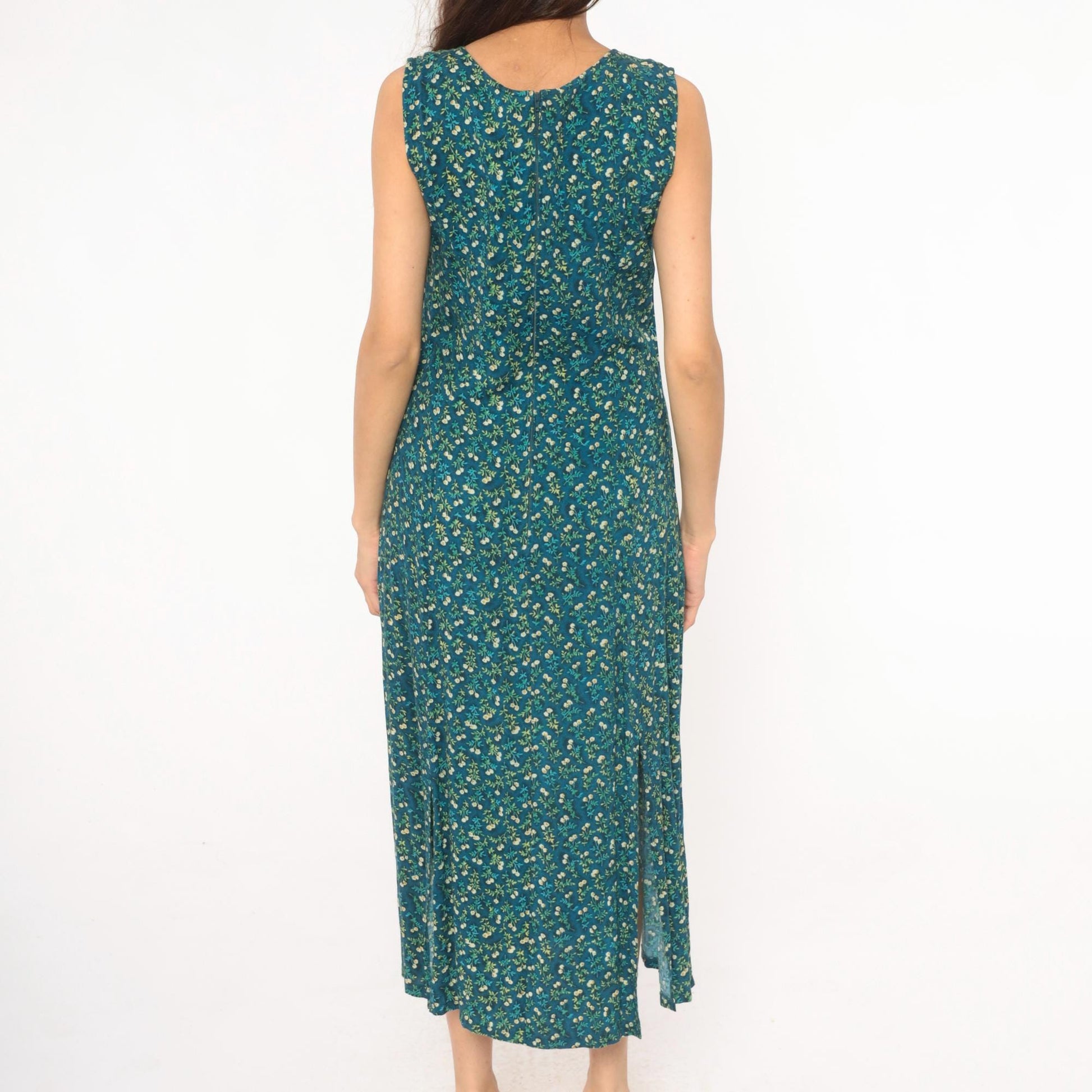90s TR Bentley Floral Midi Dress Teal Sleeveless Scoop Neck Medium M