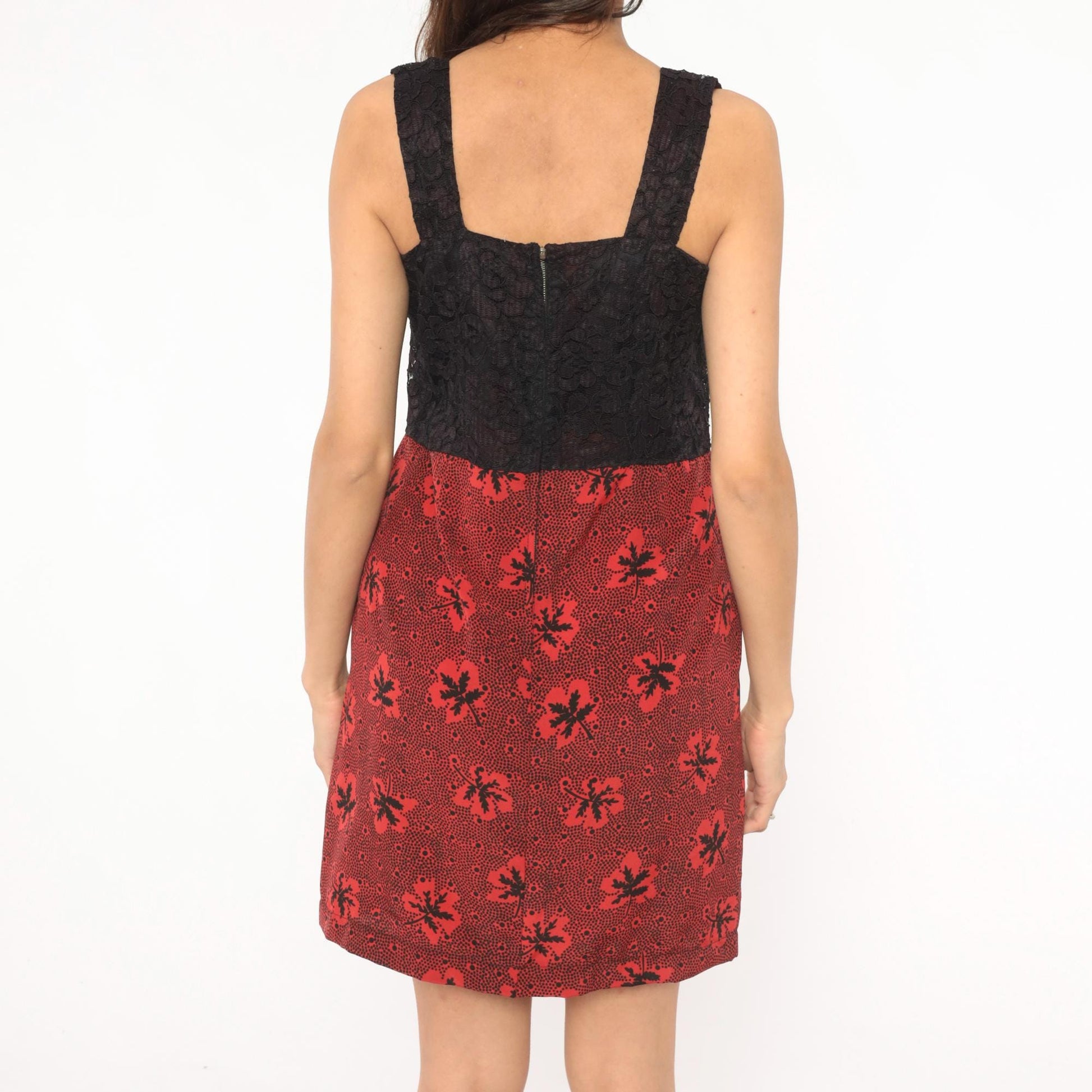 60s Colorblock Mini Dress Black Lace Bodice Red Leaf Print Empire Waist Small