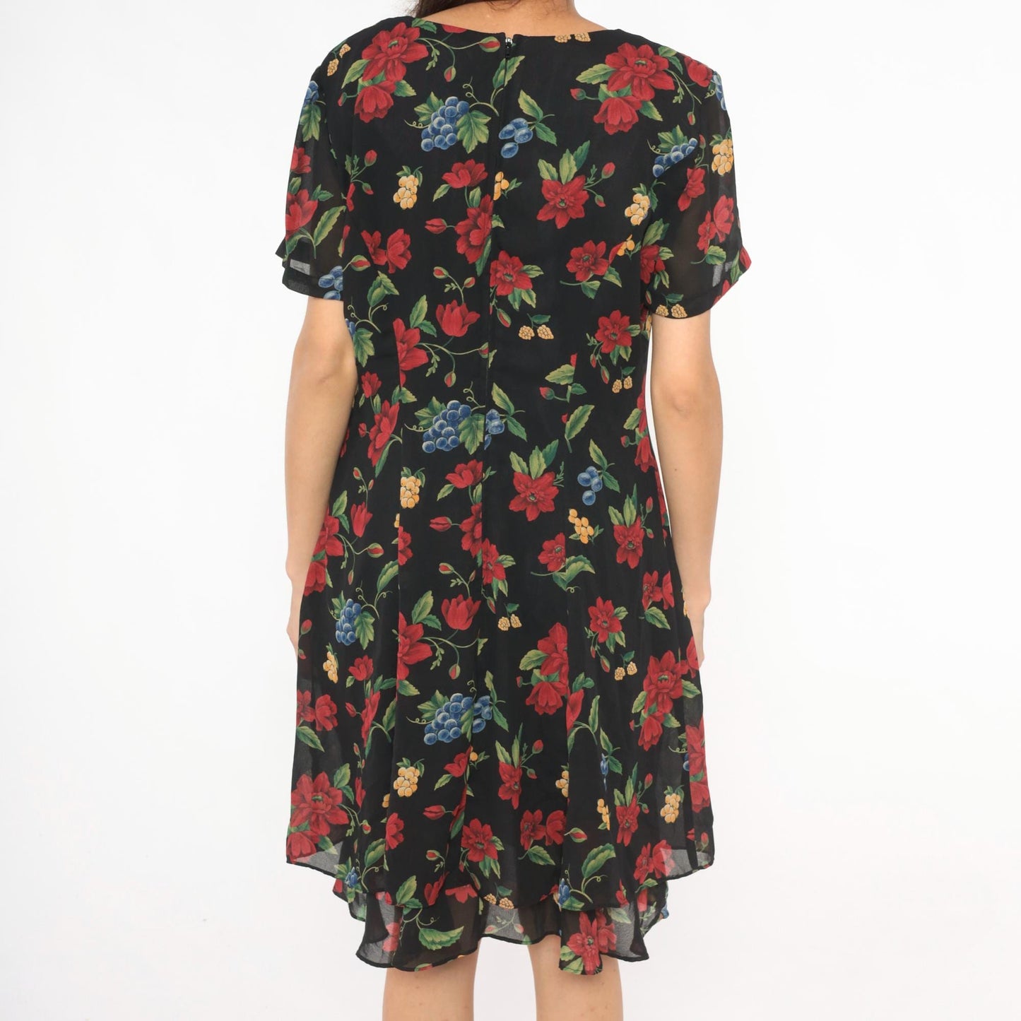 90s Olivia Rose Floral Knee-Length Dress Black Red Grape Print Medium M