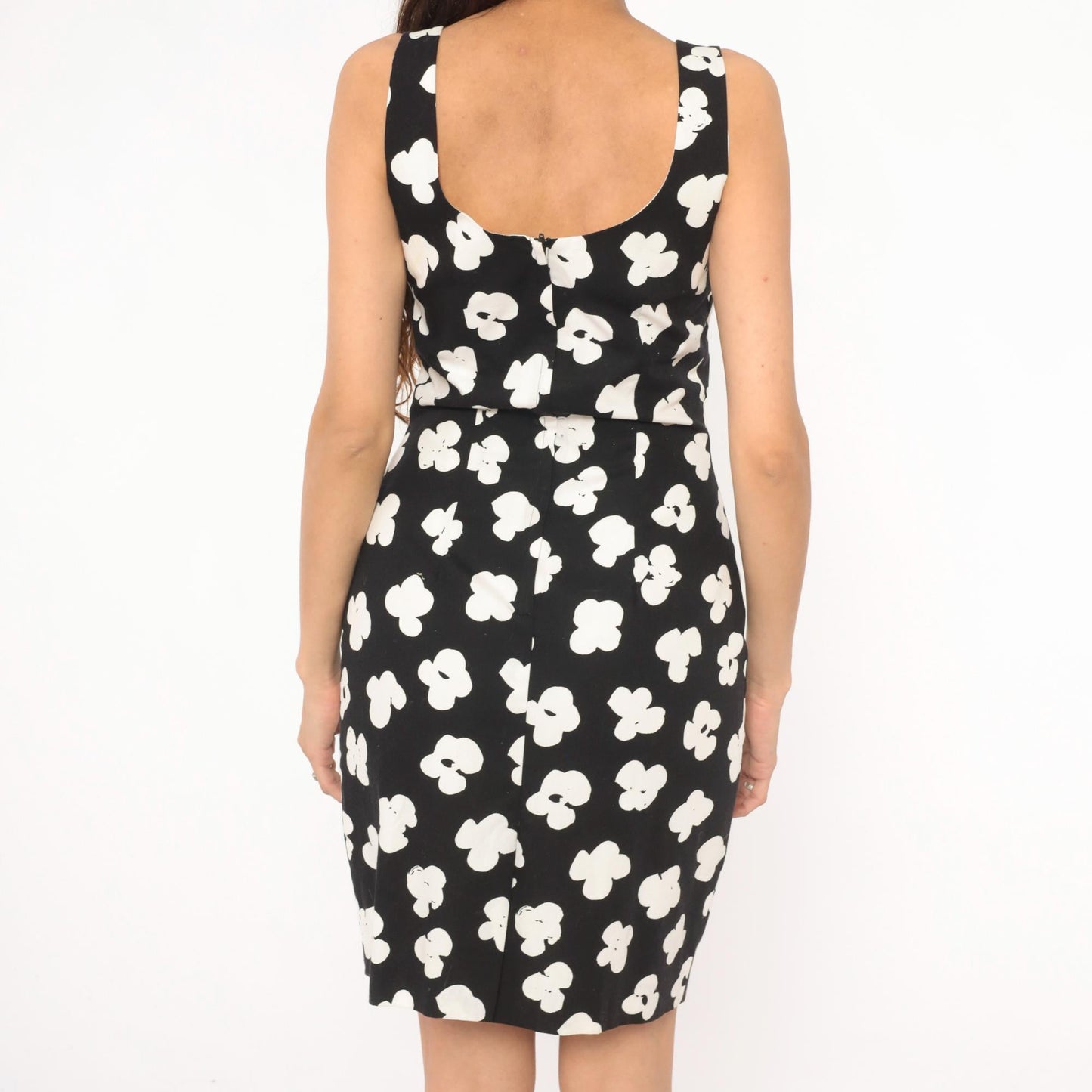 90s Elizabeth Simon Floral Bodycon Mini Dress Black White Cotton Small S