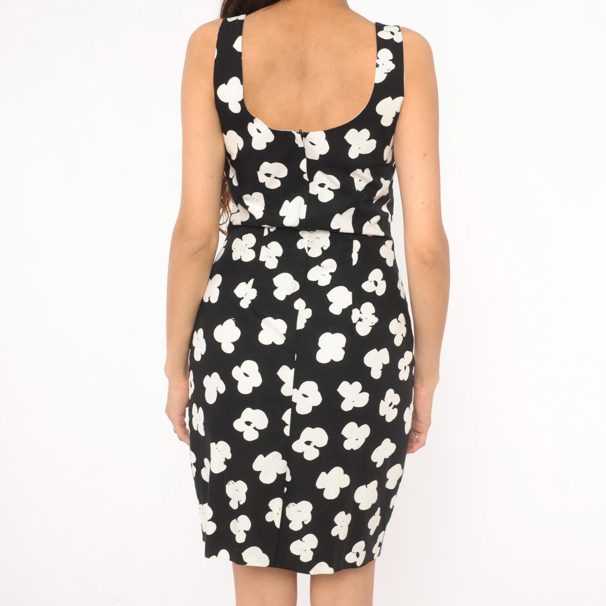 90s Elizabeth Simon Floral Bodycon Mini Dress Black White Cotton Small S