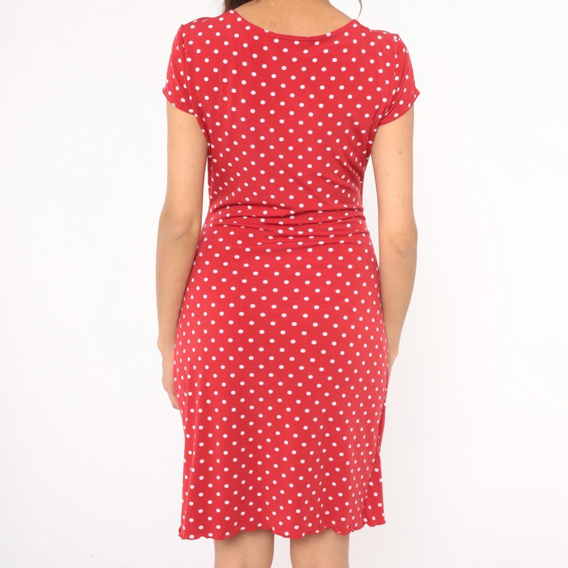 2000s Joseph Ribknoff Red Polka Dot Wrap Dress V Neck Cap Sleeve Small S