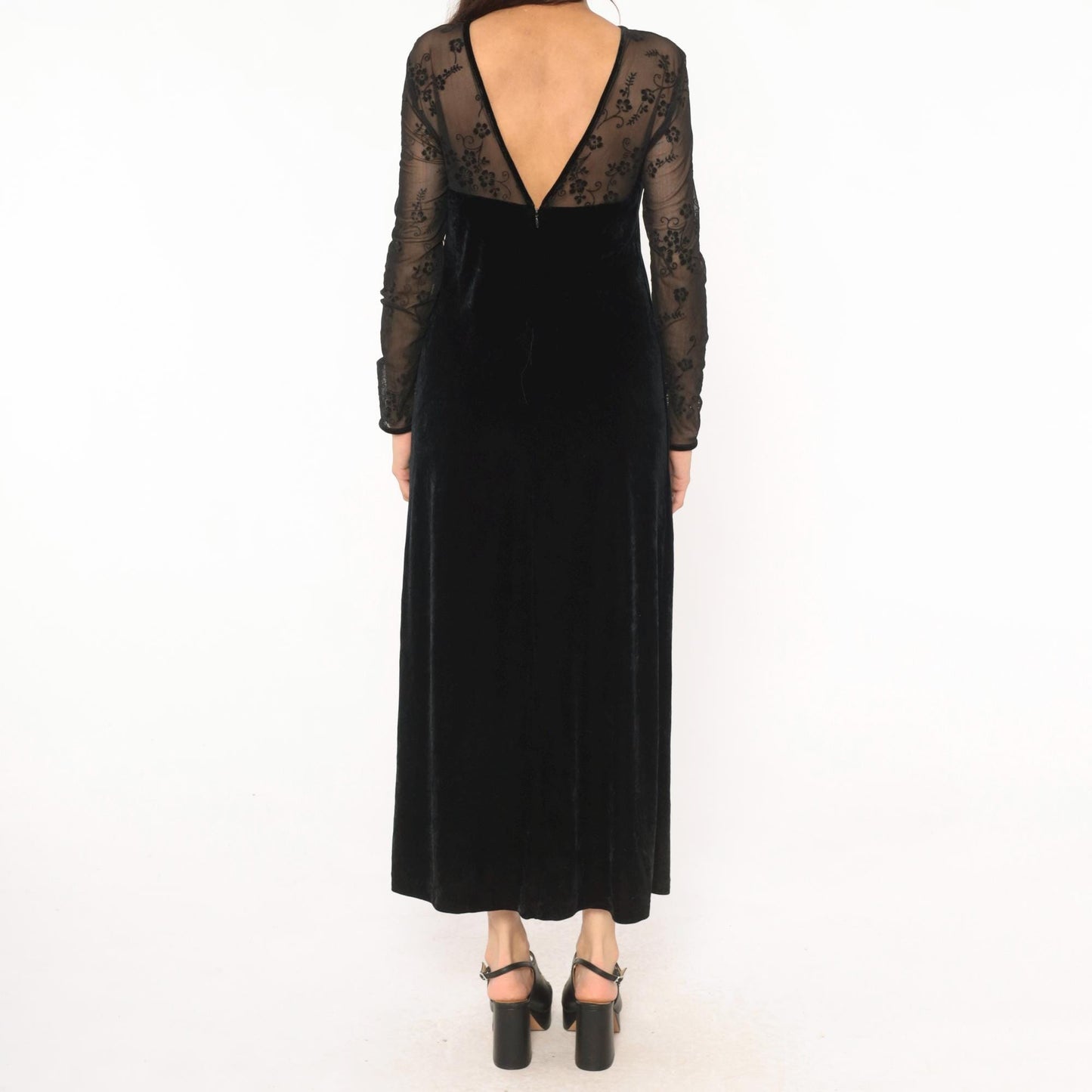 90s Kathie Lee Black Velvet Maxi Dress Embroidered Mesh Sweetheart V Back Small