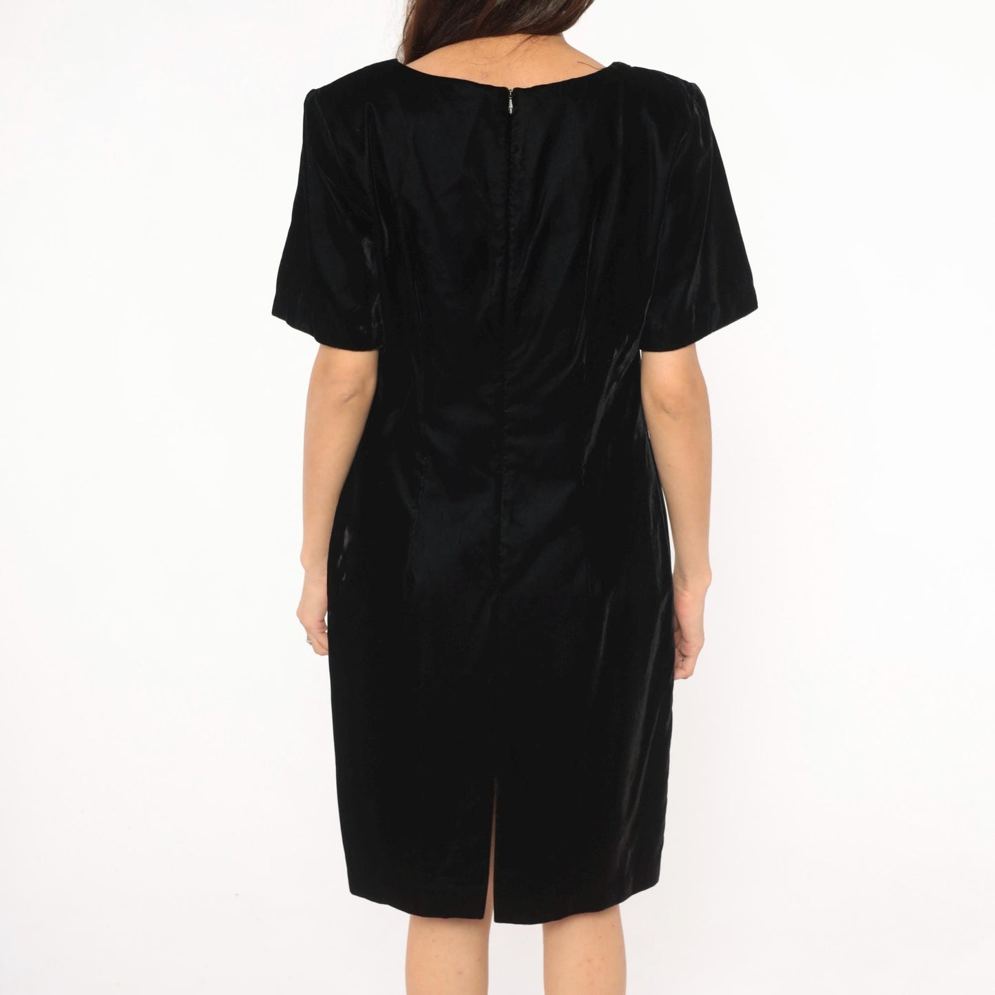 90s My Michelle Black Velvet Dress Square Neck Short Sleeve Knee Length Large L