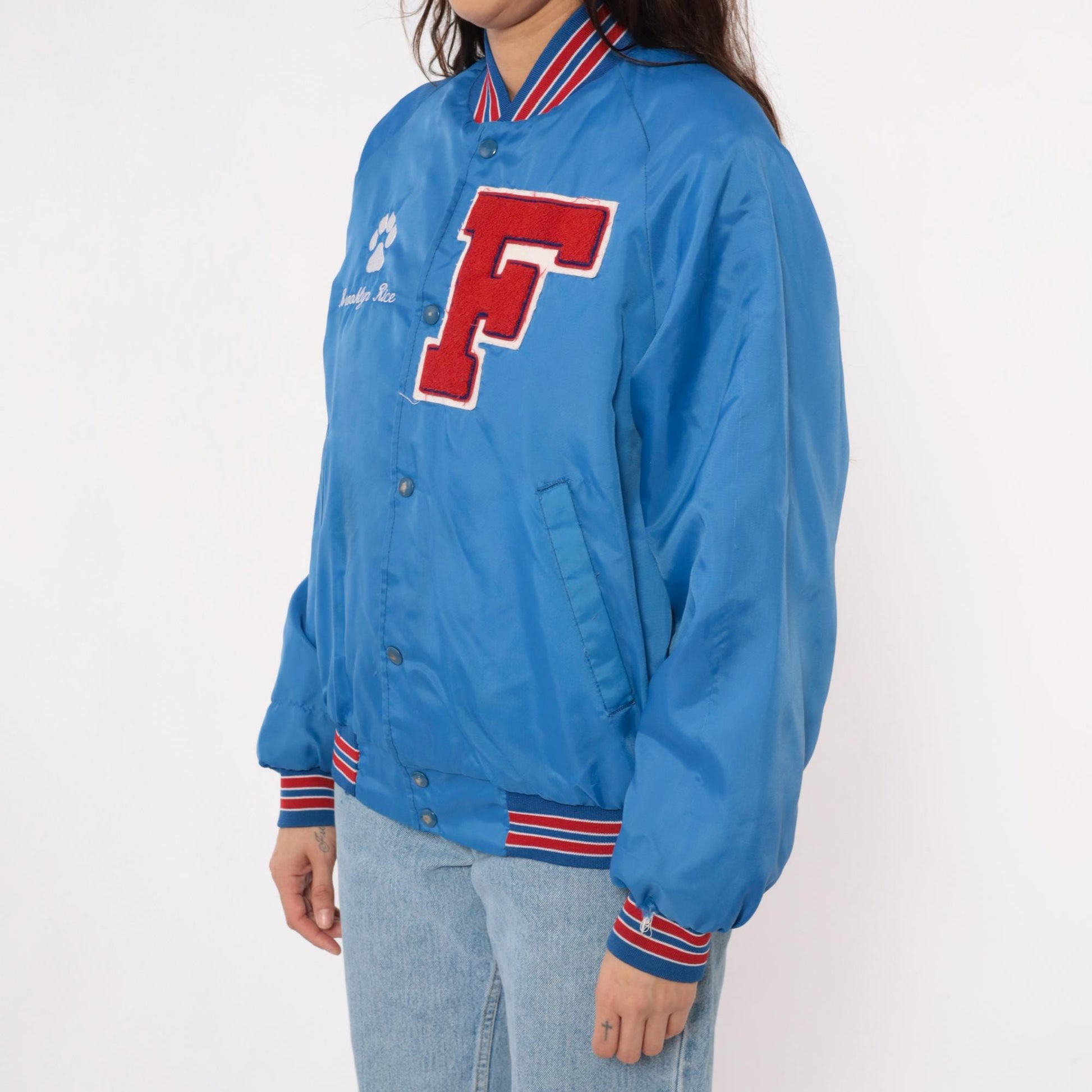 90s Franklin Varsity Jacket Blue Nylon Bomber Snap Front Small S