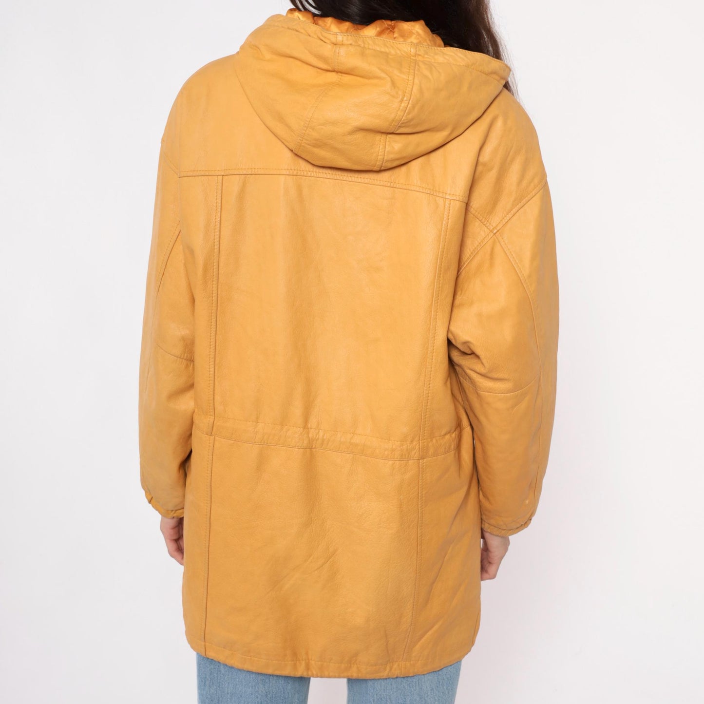 90s Wilsons Leather Hooded Jacket Mustard Yellow Zip Parka Medium M