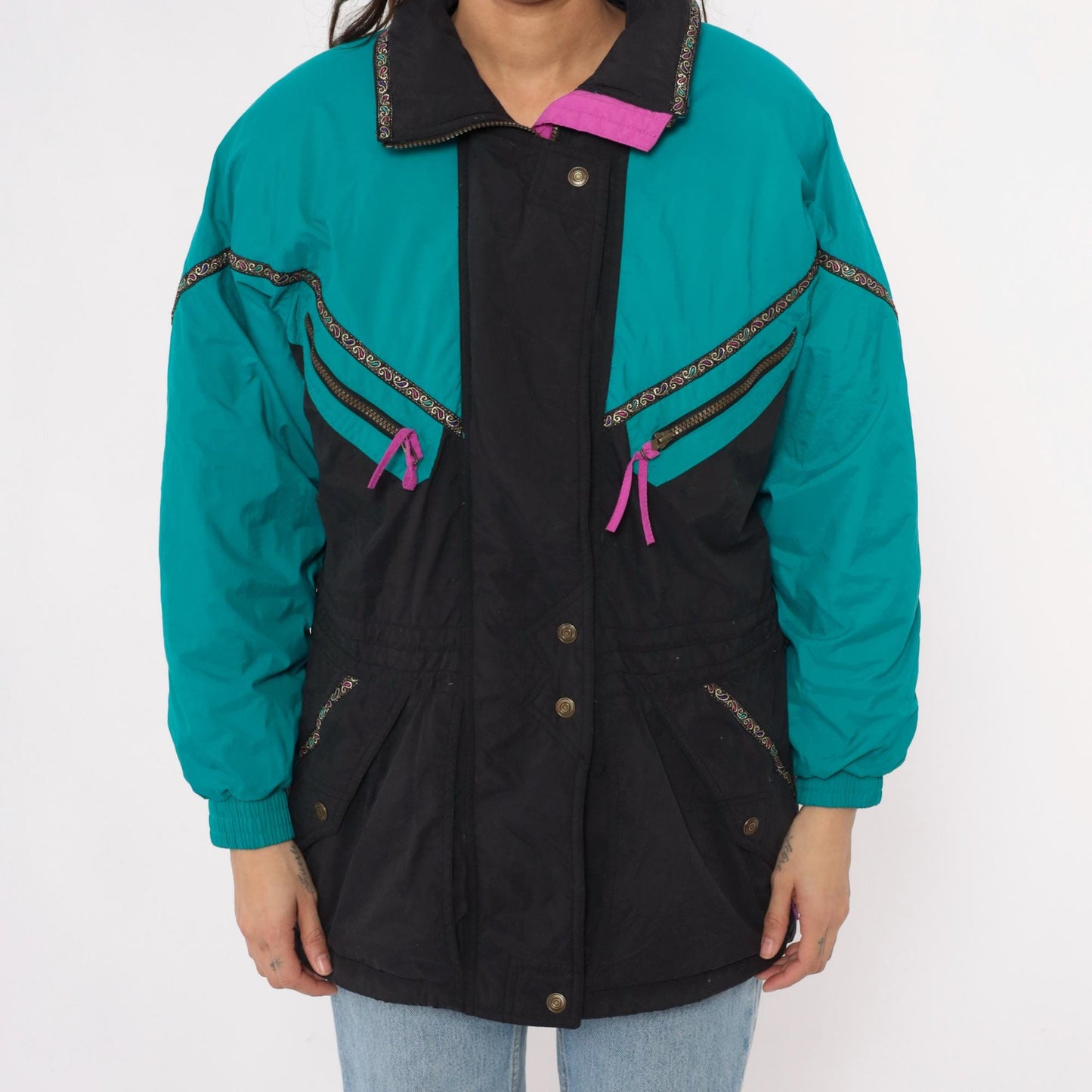 90s Colorblock Ski Jacket Teal Black Puffer Pink Zippers Small S