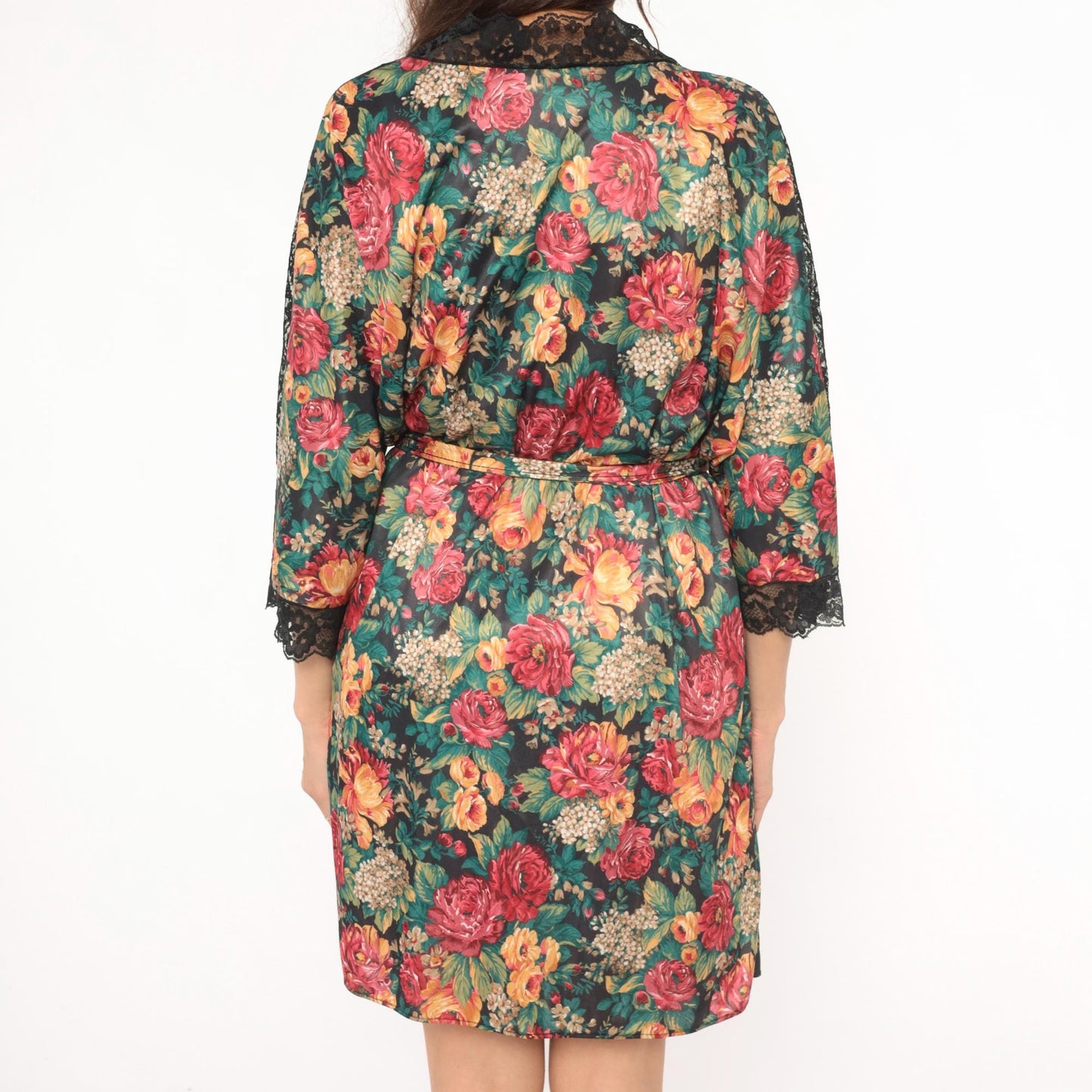 90s Sopre Lingerie Floral Wrap Robe Black Rose Print Lace Trim Plus Size 3X