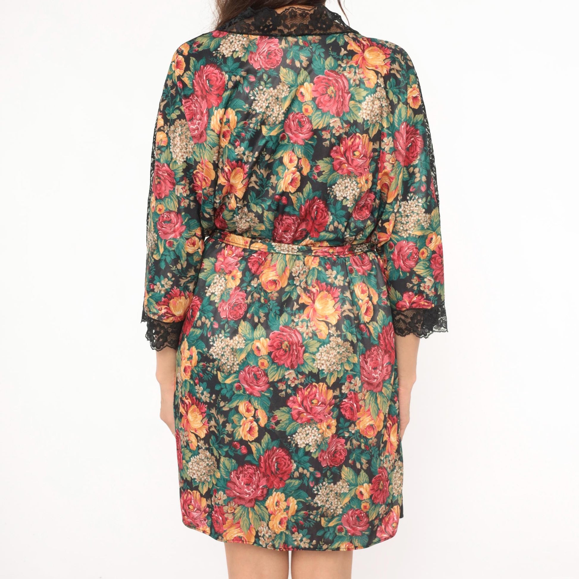 90s Sopre Lingerie Floral Wrap Robe Black Rose Print Lace Trim Plus Size 3X