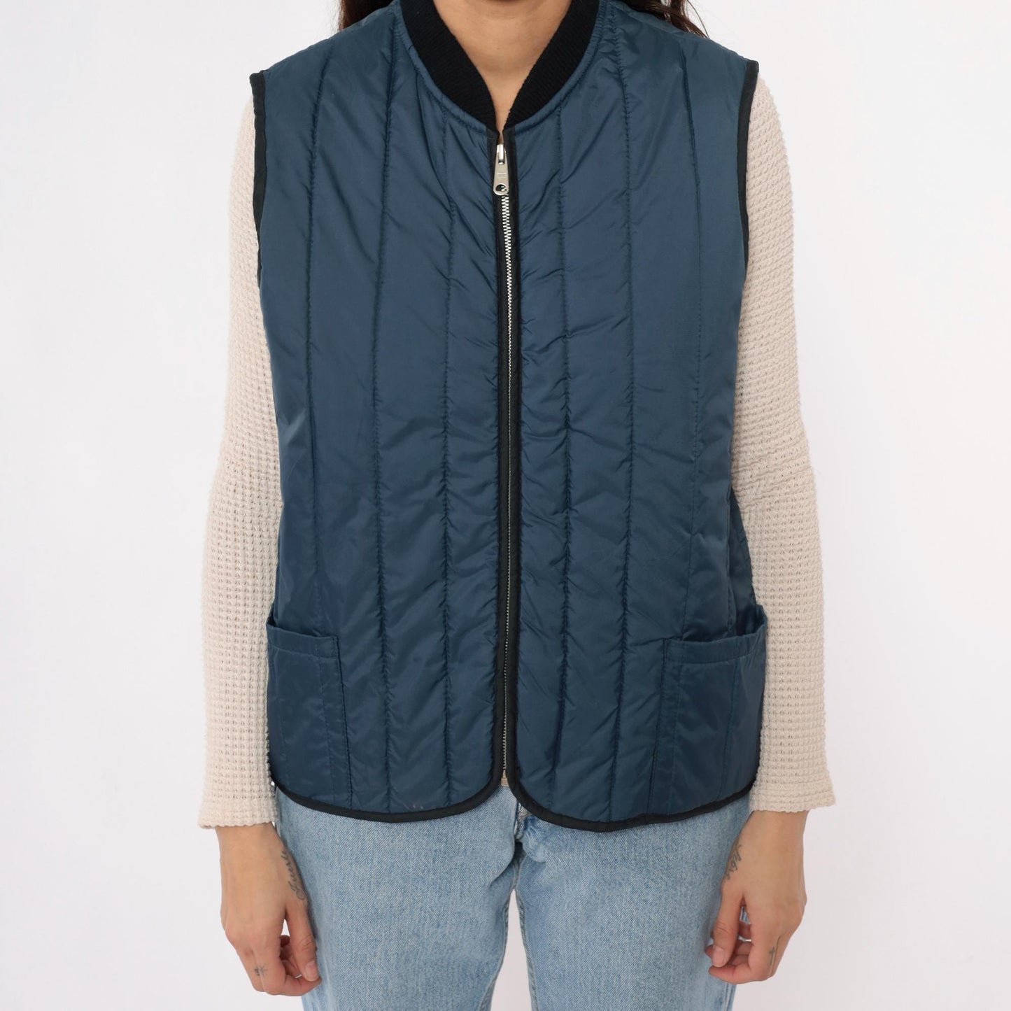 80s Sears Navy Quilted Vest Zip Front Puffer Sleeveless Medium