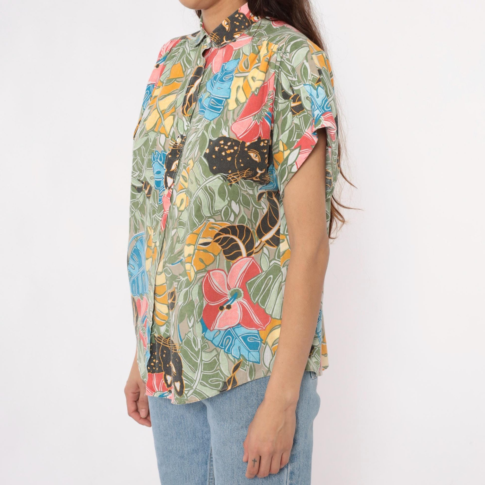 90s Black Panther Tropical Print Button-Up Shirt Monstera Leaf Multicolor Large L