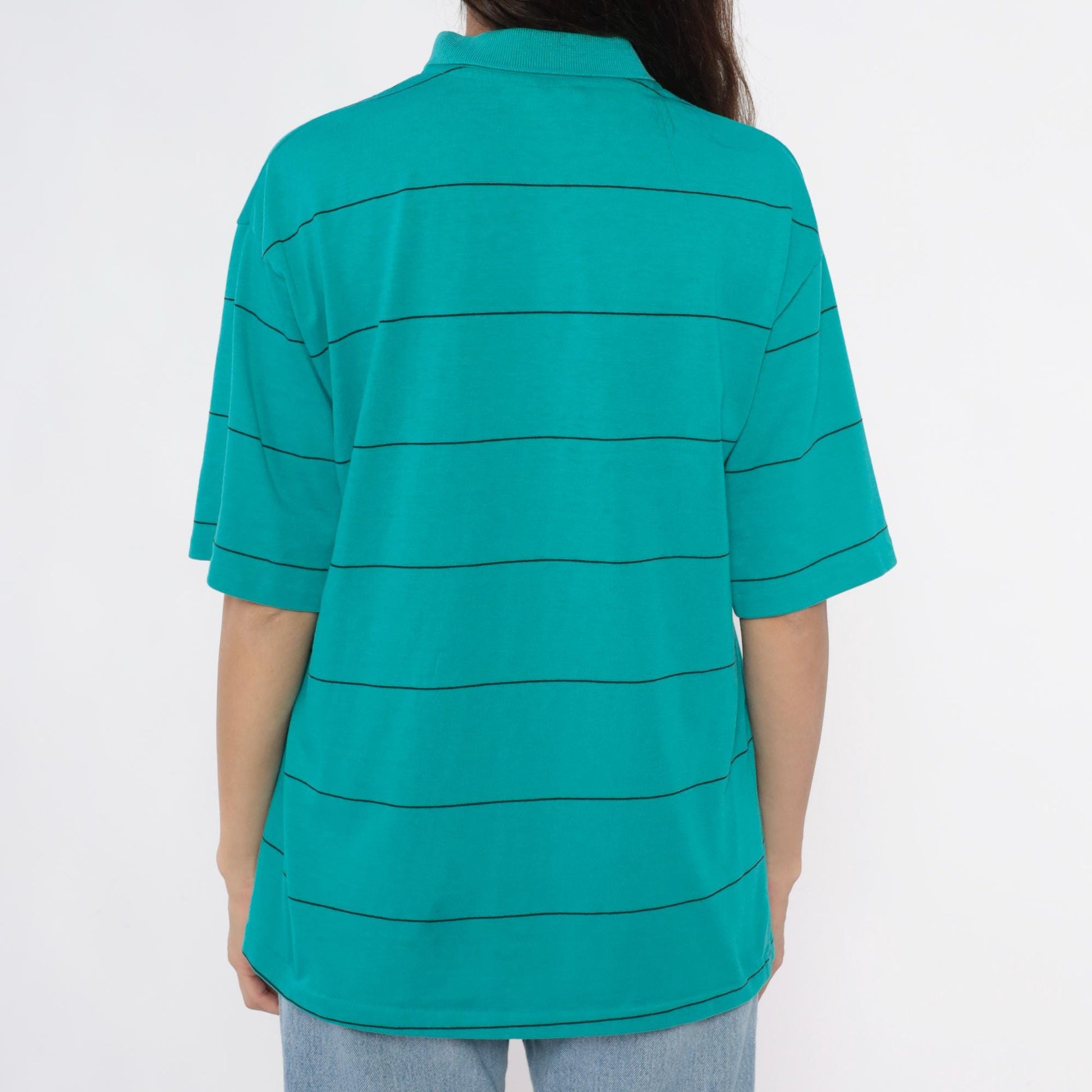 80s Chesterfield Teal Striped Polo Shirt Black Lines Cotton Large L