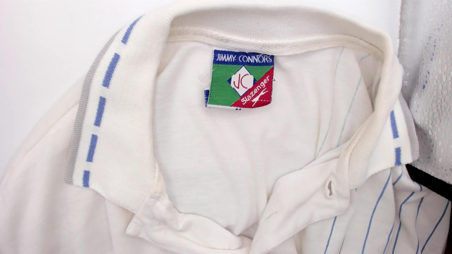 80s Jimmy Connors Slazenger Tennis Polo White Blue Stripe Geometric Medium