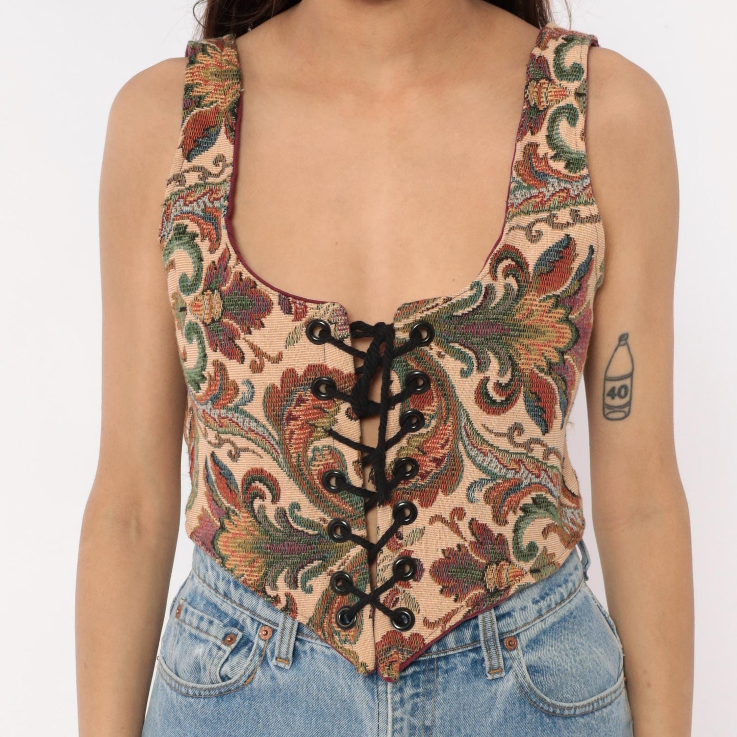 90s B Coole Designs Tapestry Lace-Up Vest Paisley Green Beige Small