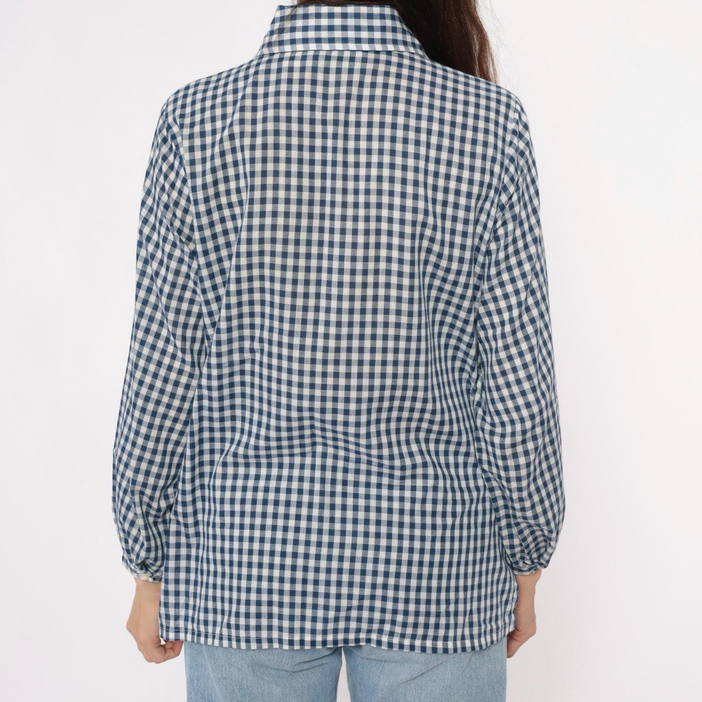 80s Lane Bryant Navy Gingham Check Button-Up Blouse Peter Pan Collar Plus Size XXL