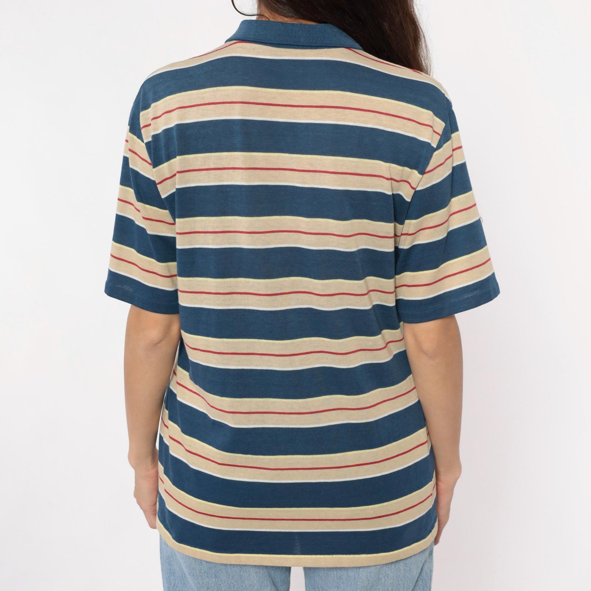 80s Striped Polo Shirt Navy Cream Red Horizontal Stripes Unisex Large