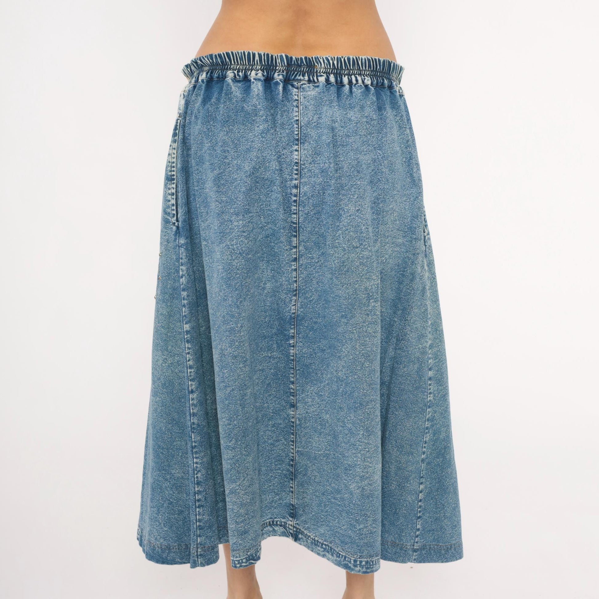 90s Carolina Bay Acid Wash Denim Midi Skirt Floral Embroidered Blue Extra Large XL
