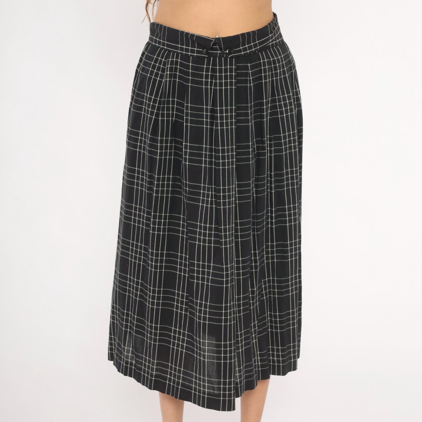 80s Heron Cove Casuals Windowpane Plaid Midi Skirt Black White Pleated Large L