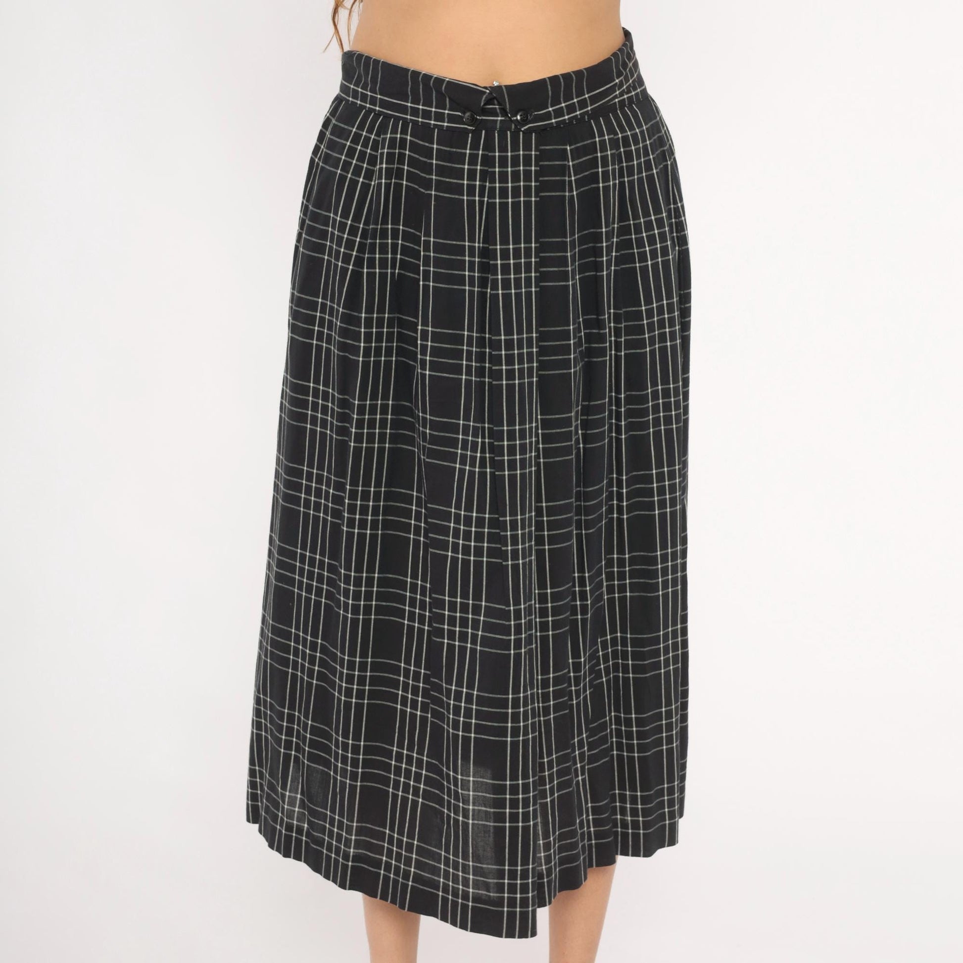 80s Heron Cove Casuals Windowpane Plaid Midi Skirt Black White Pleated Large L