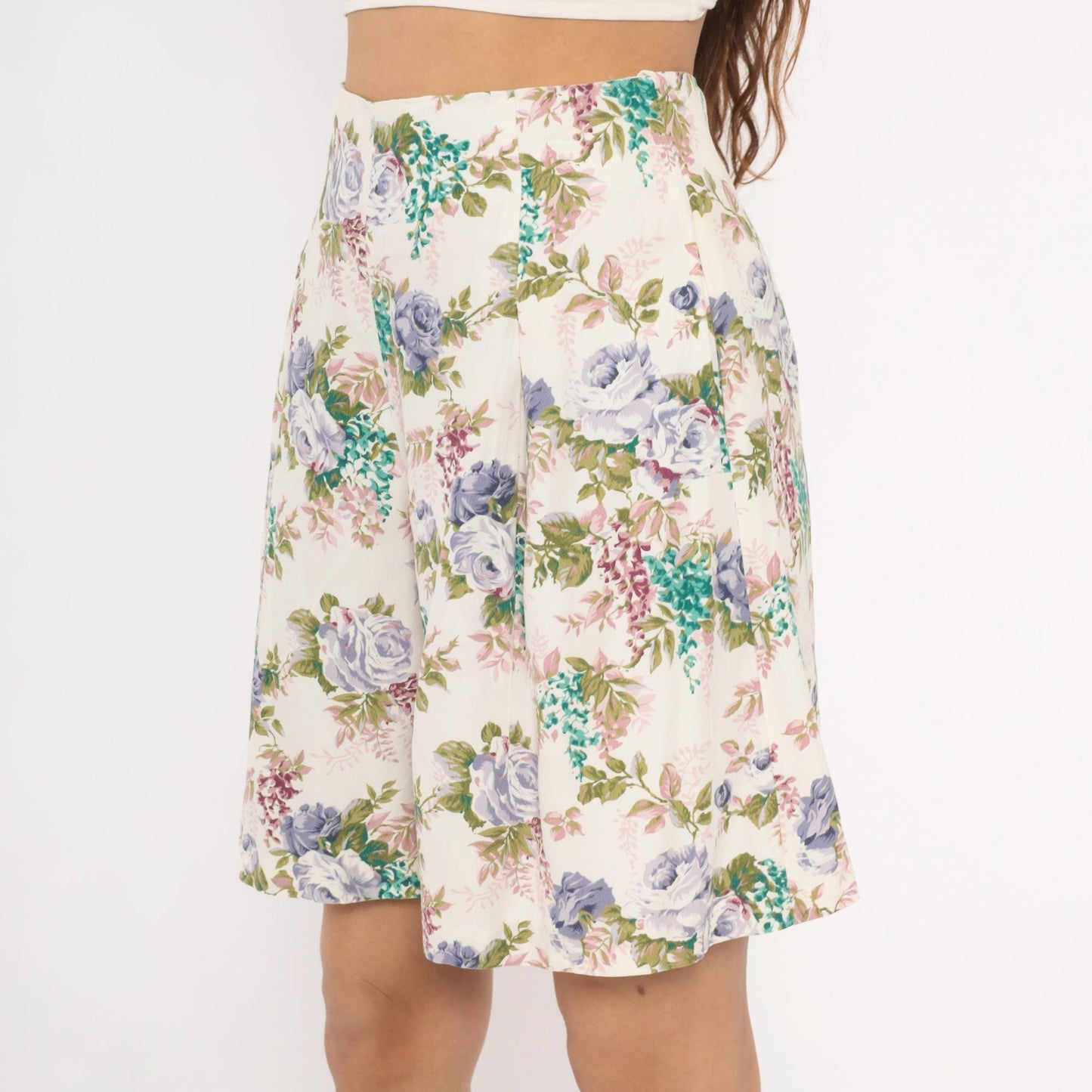 90s Floral Culotte Shorts High Waist Wide Leg Ivory Purple Rose Medium