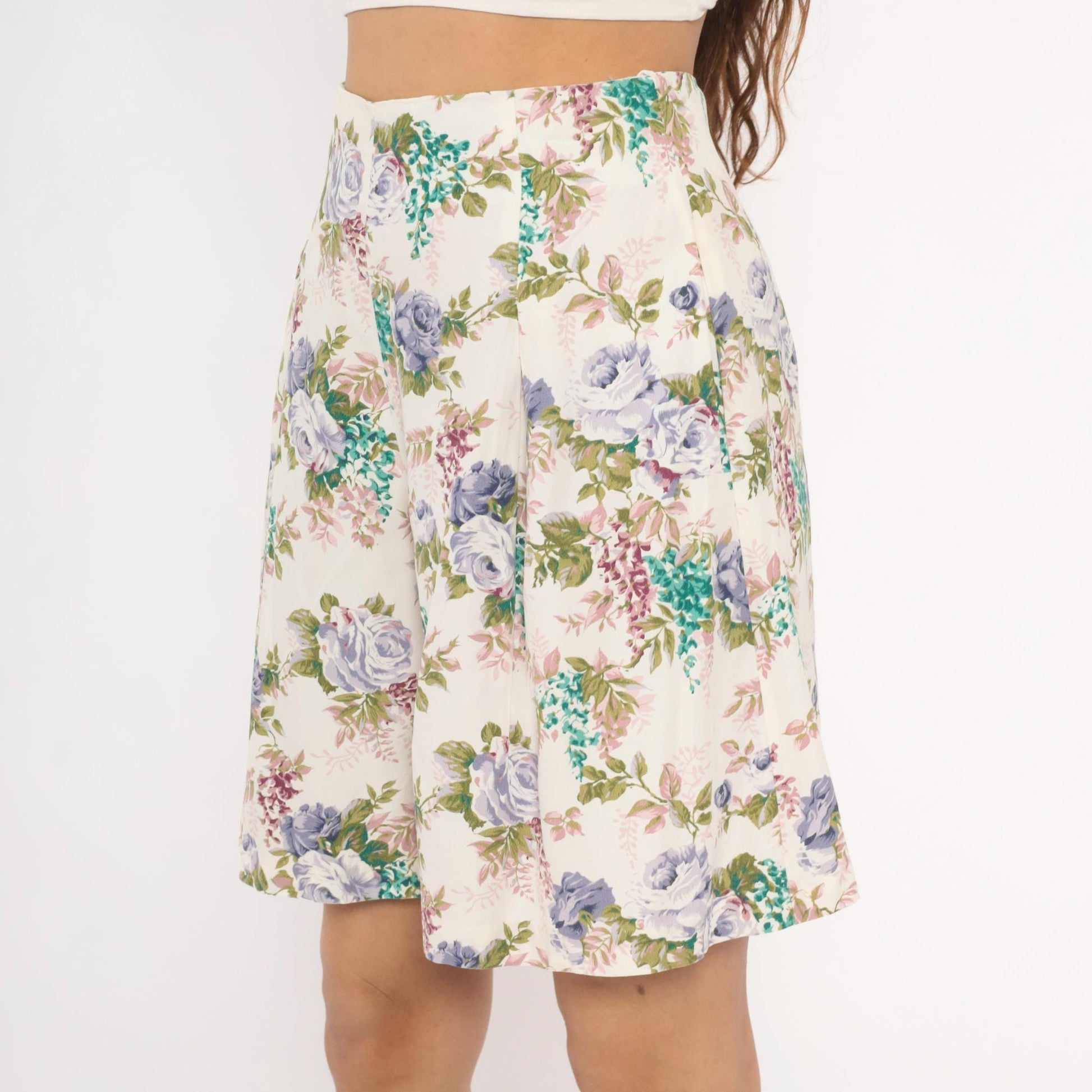 90s Floral Culotte Shorts High Waist Wide Leg Ivory Purple Rose Medium